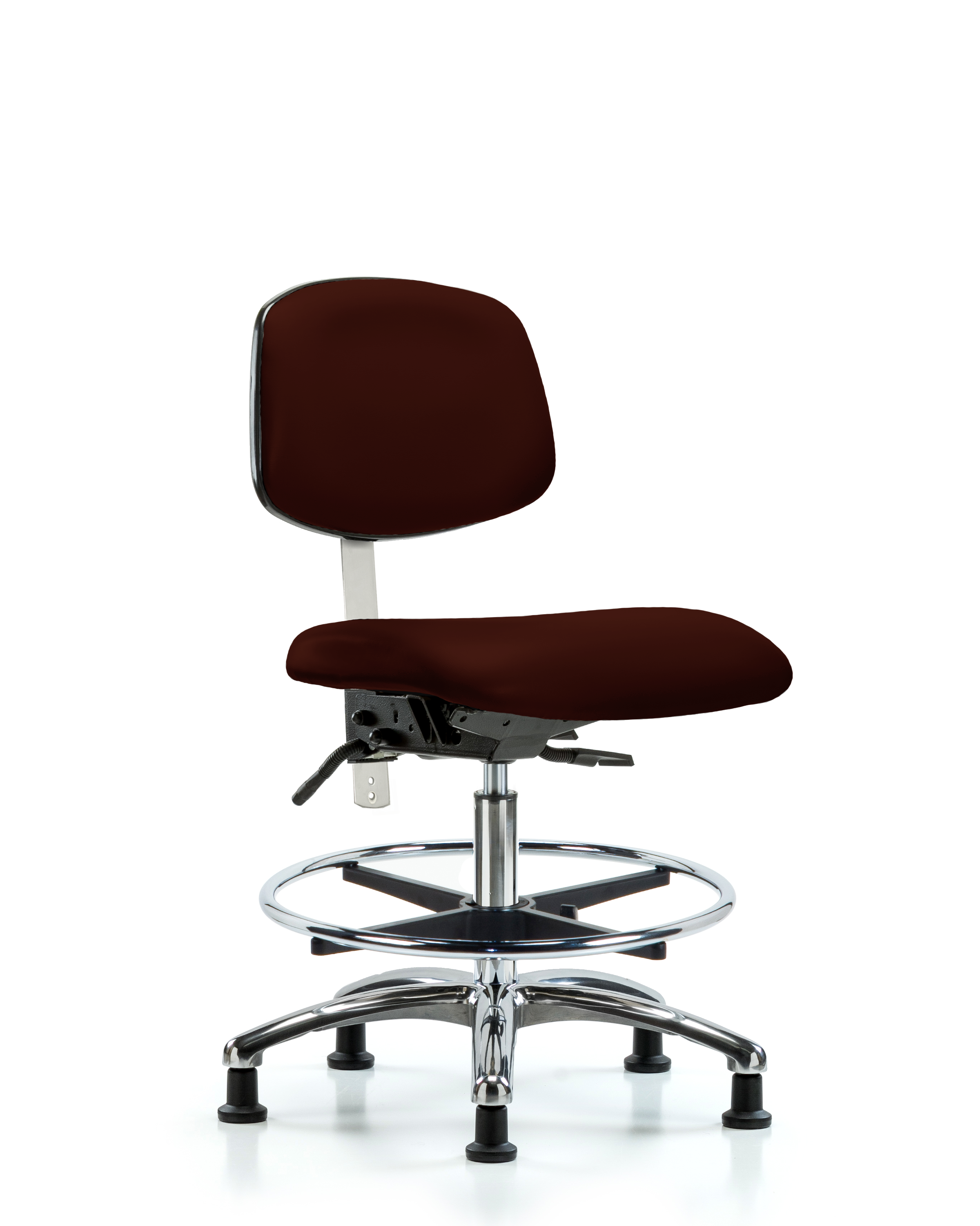 Class 100 Vinyl Clean Room Chair - Medium Bench Height with Seat Tilt, Chrome Foot Ring, & Stationary Glides in Burgundy Trailblazer Vinyl