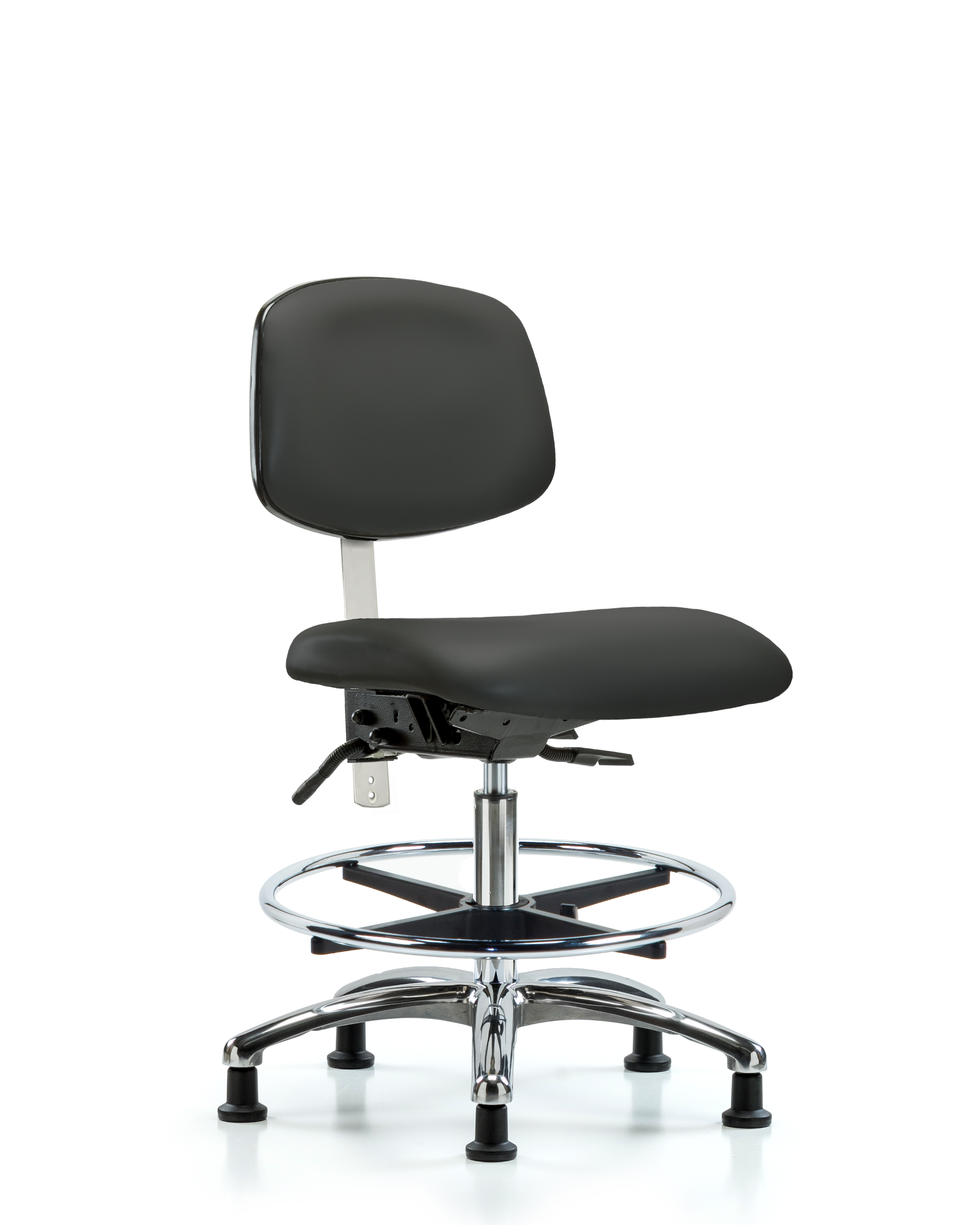 Class 100 Vinyl Clean Room Chair - Medium Bench Height with Seat Tilt, Chrome Foot Ring, & Stationary Glides in Charcoal Trailblazer Vinyl