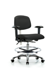 Class 100 Vinyl Clean Room Chair - Medium Bench Height with Seat Tilt, Adjustable Arms, Chrome Foot Ring, & Casters in Black Trailblazer Vinyl