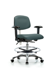 Class 100 Vinyl Clean Room Chair - Medium Bench Height with Seat Tilt, Adjustable Arms, Chrome Foot Ring, & Casters in Colonial Blue Trailblazer Vinyl