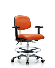 Class 100 Vinyl Clean Room Chair - Medium Bench Height with Seat Tilt, Adjustable Arms, Chrome Foot Ring, & Casters in Orange Kist Trailblazer Vinyl