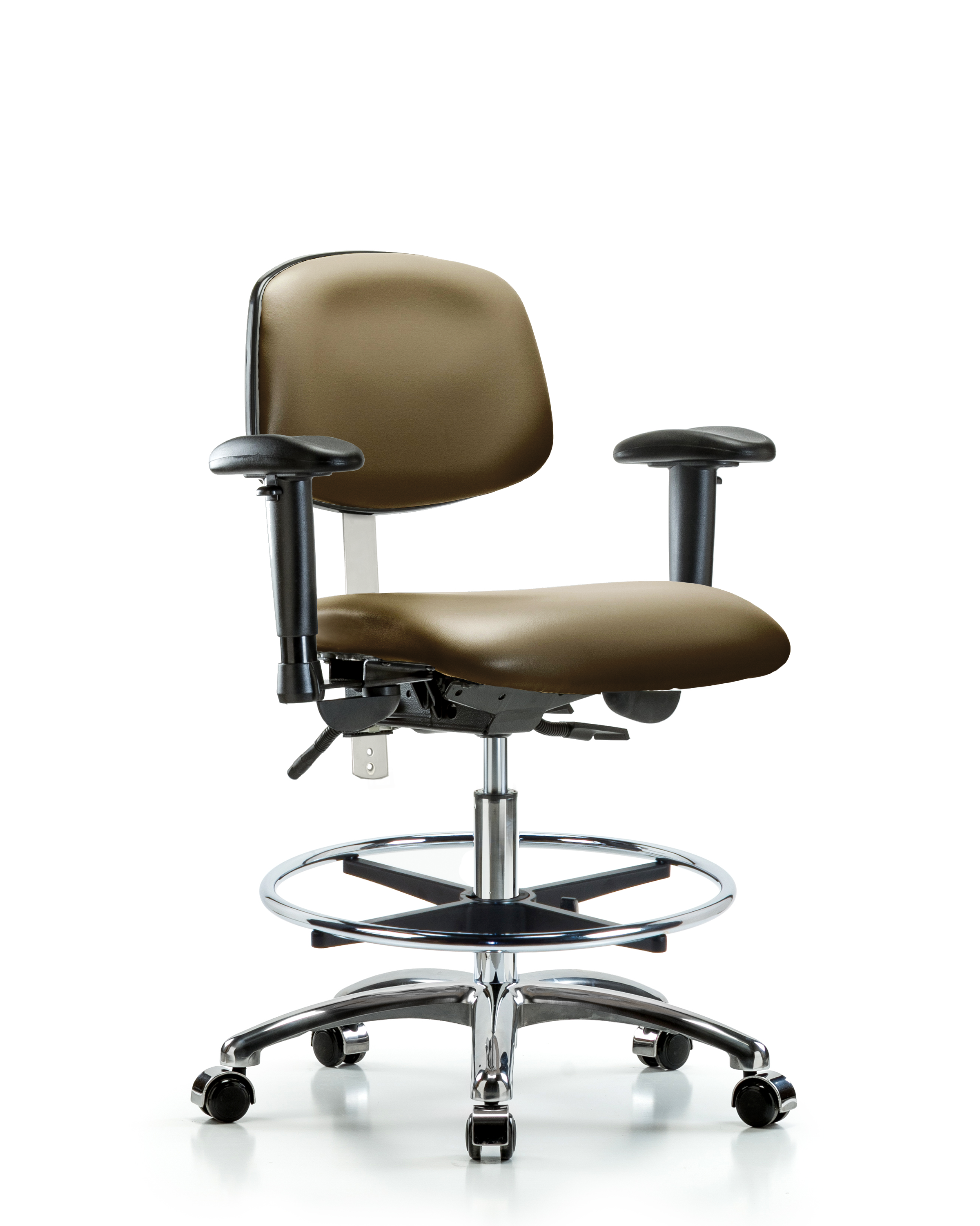 Class 100 Vinyl Clean Room Chair - Medium Bench Height with Seat Tilt, Adjustable Arms, Chrome Foot Ring, & Casters in Taupe Supernova Vinyl