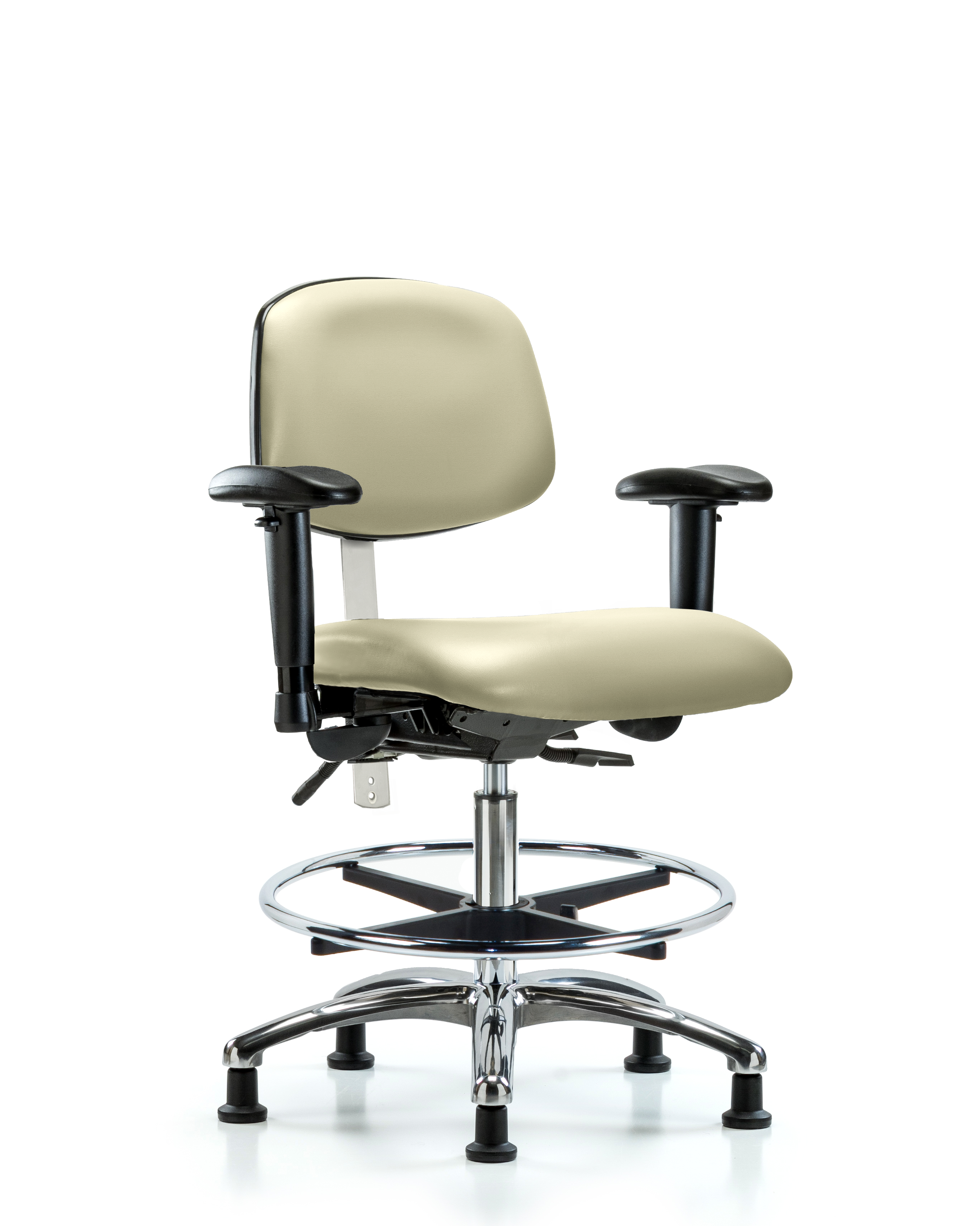 Class 100 Vinyl Clean Room Chair - Medium Bench Height with Seat Tilt, Adjustable Arms, Chrome Foot Ring, & Stationary Glides in Adobe White Trailblazer Vinyl