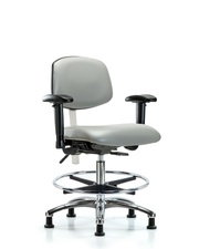 Class 100 Vinyl Clean Room Chair - Medium Bench Height with Seat Tilt, Adjustable Arms, Chrome Foot Ring, & Stationary Glides in Dove Trailblazer Vinyl