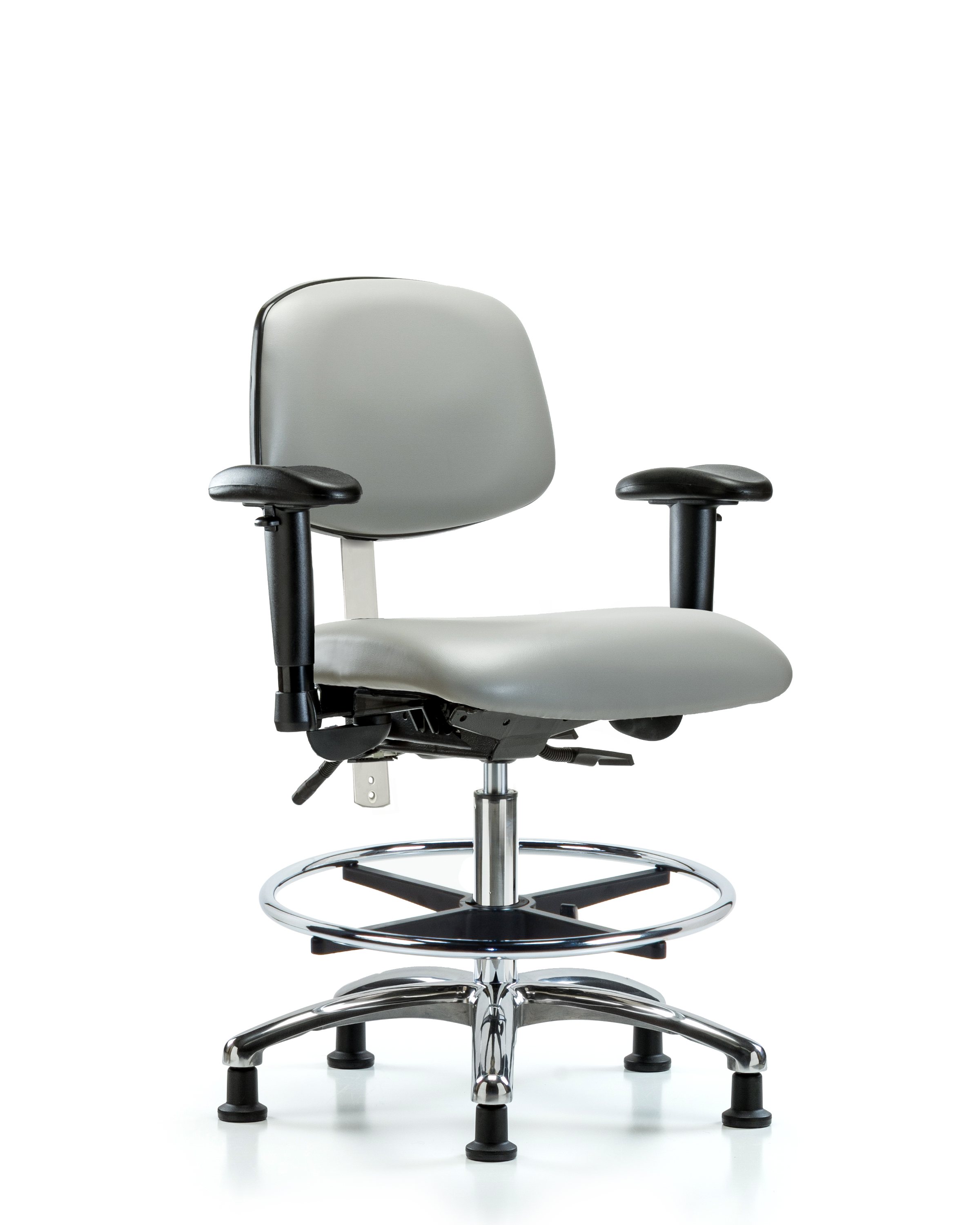 Class 100 Vinyl Clean Room Chair - Medium Bench Height with Seat Tilt, Adjustable Arms, Chrome Foot Ring, & Stationary Glides in Dove Trailblazer Vinyl