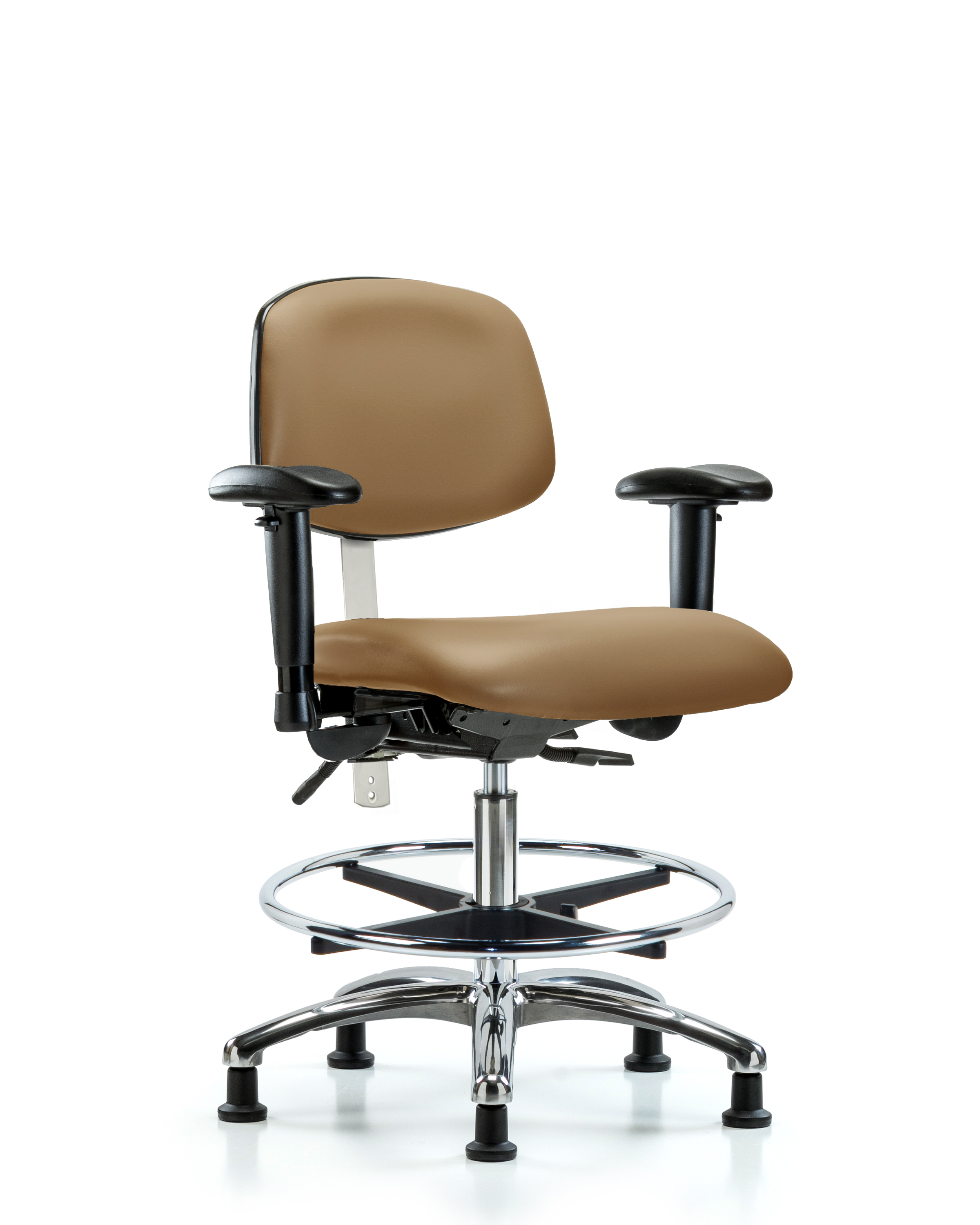 Class 100 Vinyl Clean Room Chair - Medium Bench Height with Seat Tilt, Adjustable Arms, Chrome Foot Ring, & Stationary Glides in Taupe Trailblazer Vinyl