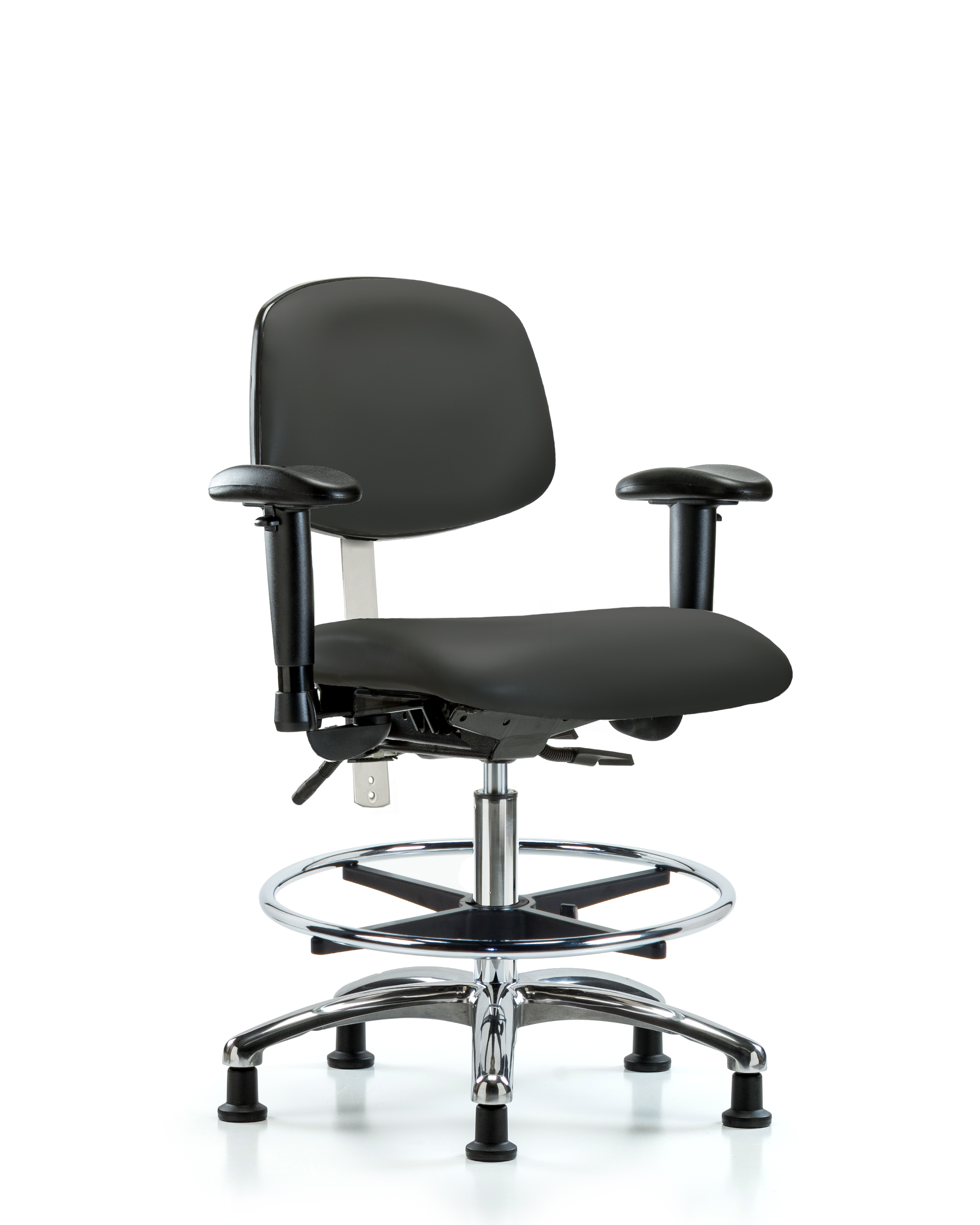 Class 100 Vinyl Clean Room Chair - Medium Bench Height with Seat Tilt, Adjustable Arms, Chrome Foot Ring, & Stationary Glides in Charcoal Trailblazer Vinyl