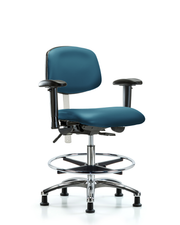Class 100 Vinyl Clean Room Chair - Medium Bench Height with Seat Tilt, Adjustable Arms, Chrome Foot Ring, & Stationary Glides in Marine Blue Supernova Vinyl