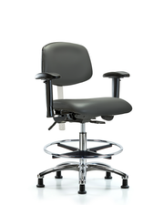 Class 100 Vinyl Clean Room Chair - Medium Bench Height with Seat Tilt, Adjustable Arms, Chrome Foot Ring, & Stationary Glides in Carbon Supernova Vinyl