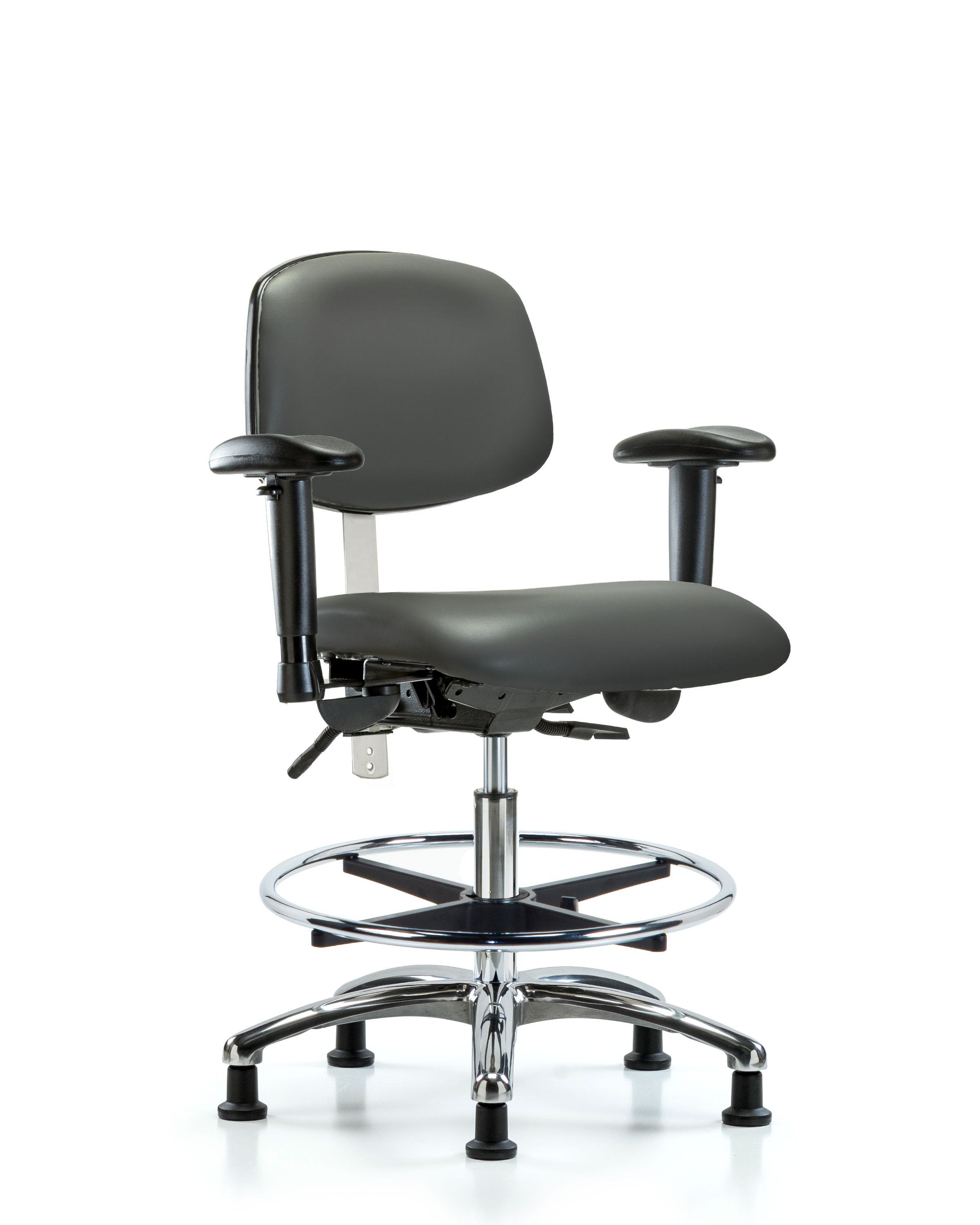 Class 100 Vinyl Clean Room Chair - Medium Bench Height with Seat Tilt, Adjustable Arms, Chrome Foot Ring, & Stationary Glides in Carbon Supernova Vinyl