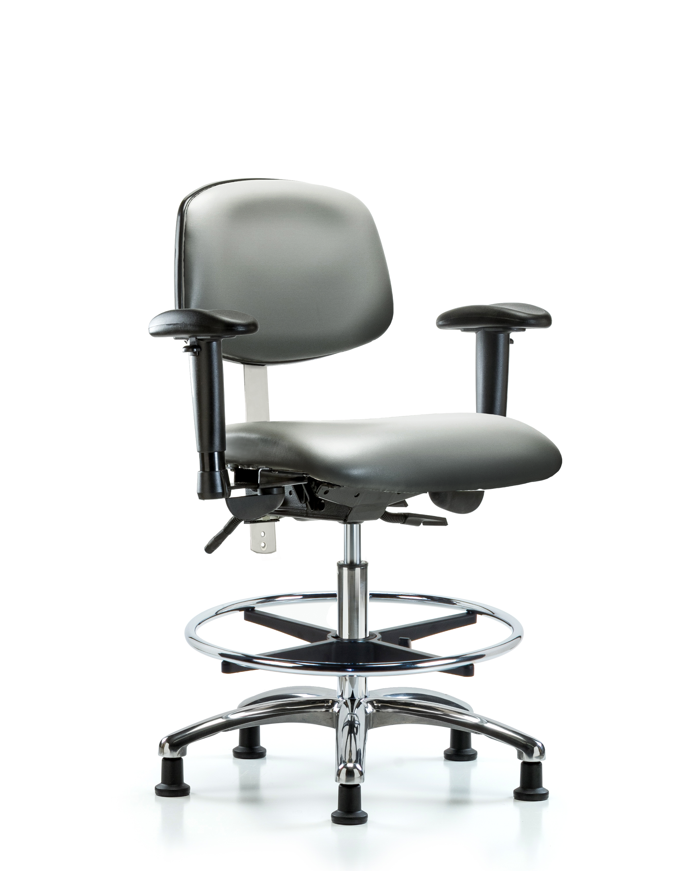 Class 100 Vinyl Clean Room Chair - Medium Bench Height with Seat Tilt, Adjustable Arms, Chrome Foot Ring, & Stationary Glides in Sterling Supernova Vinyl