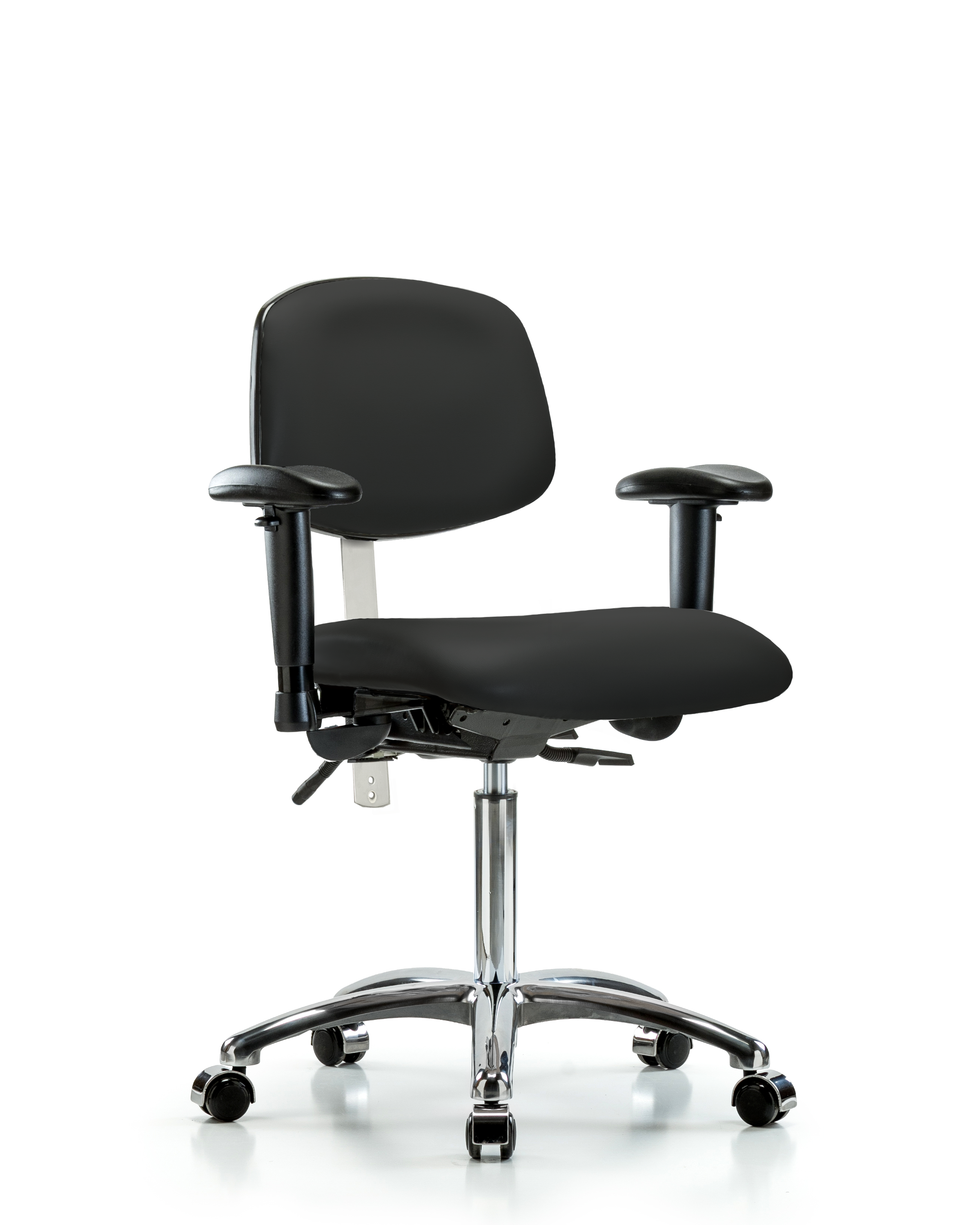 Class 100 Vinyl Clean Room Chair - Medium Bench Height with Seat Tilt, Adjustable Arms, & Casters in Black Trailblazer Vinyl