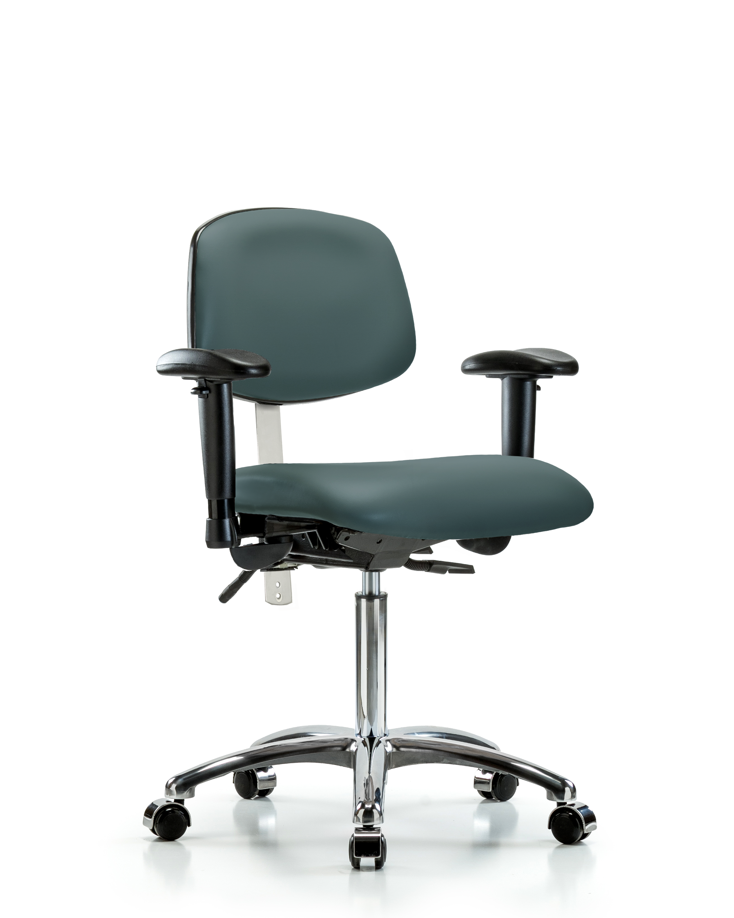 Class 100 Vinyl Clean Room Chair - Medium Bench Height with Seat Tilt, Adjustable Arms, & Casters in Colonial Blue Trailblazer Vinyl