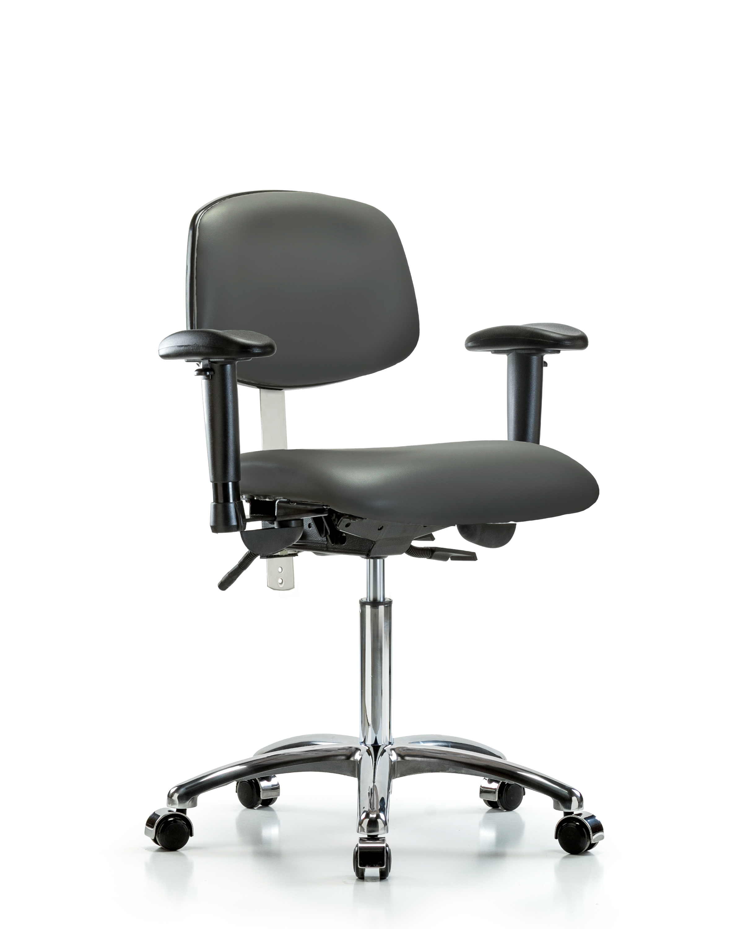 Class 100 Vinyl Clean Room Chair - Medium Bench Height with Seat Tilt, Adjustable Arms, & Casters in Carbon Supernova Vinyl