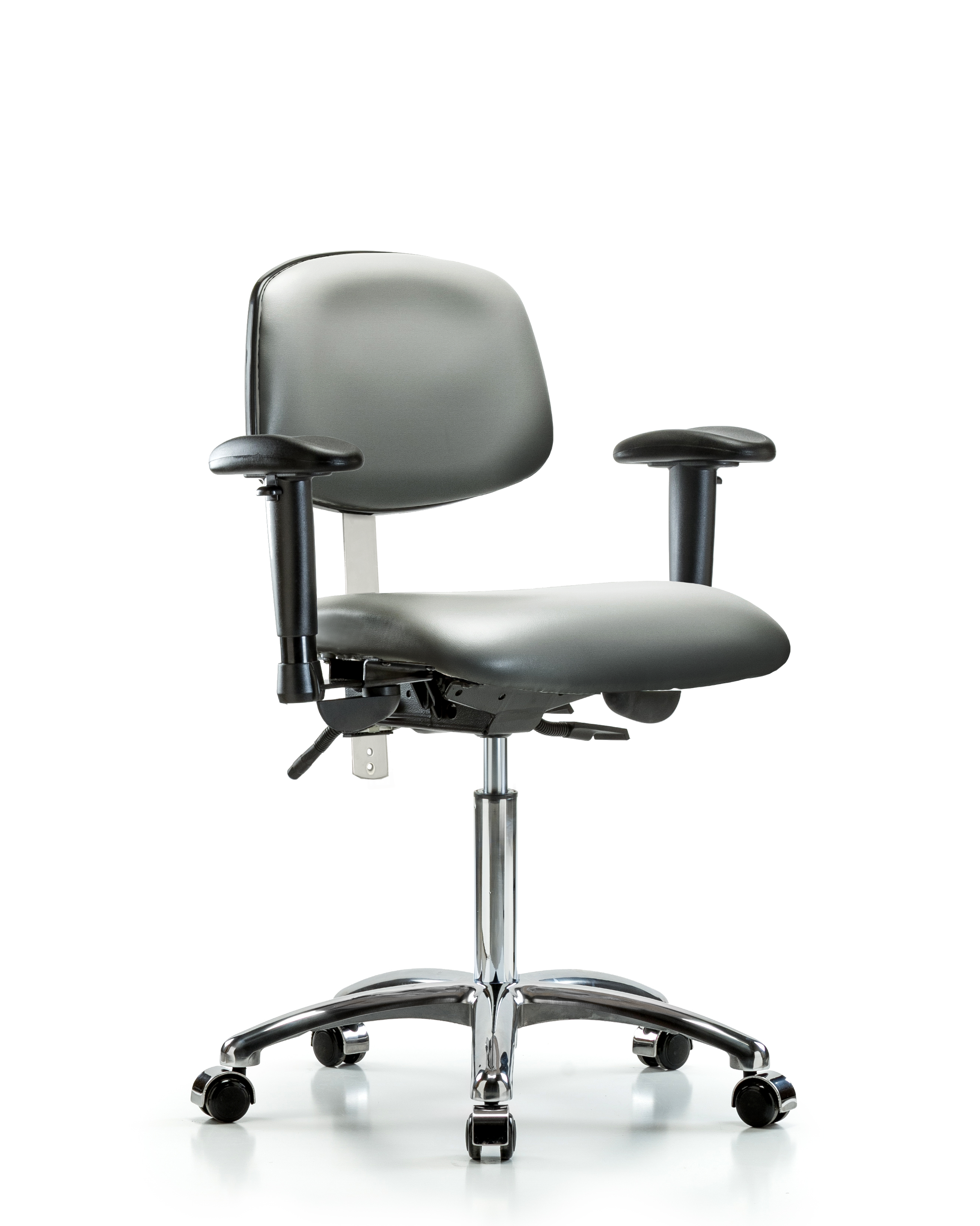 Class 100 Vinyl Clean Room Chair - Medium Bench Height with Seat Tilt, Adjustable Arms, & Casters in Sterling Supernova Vinyl