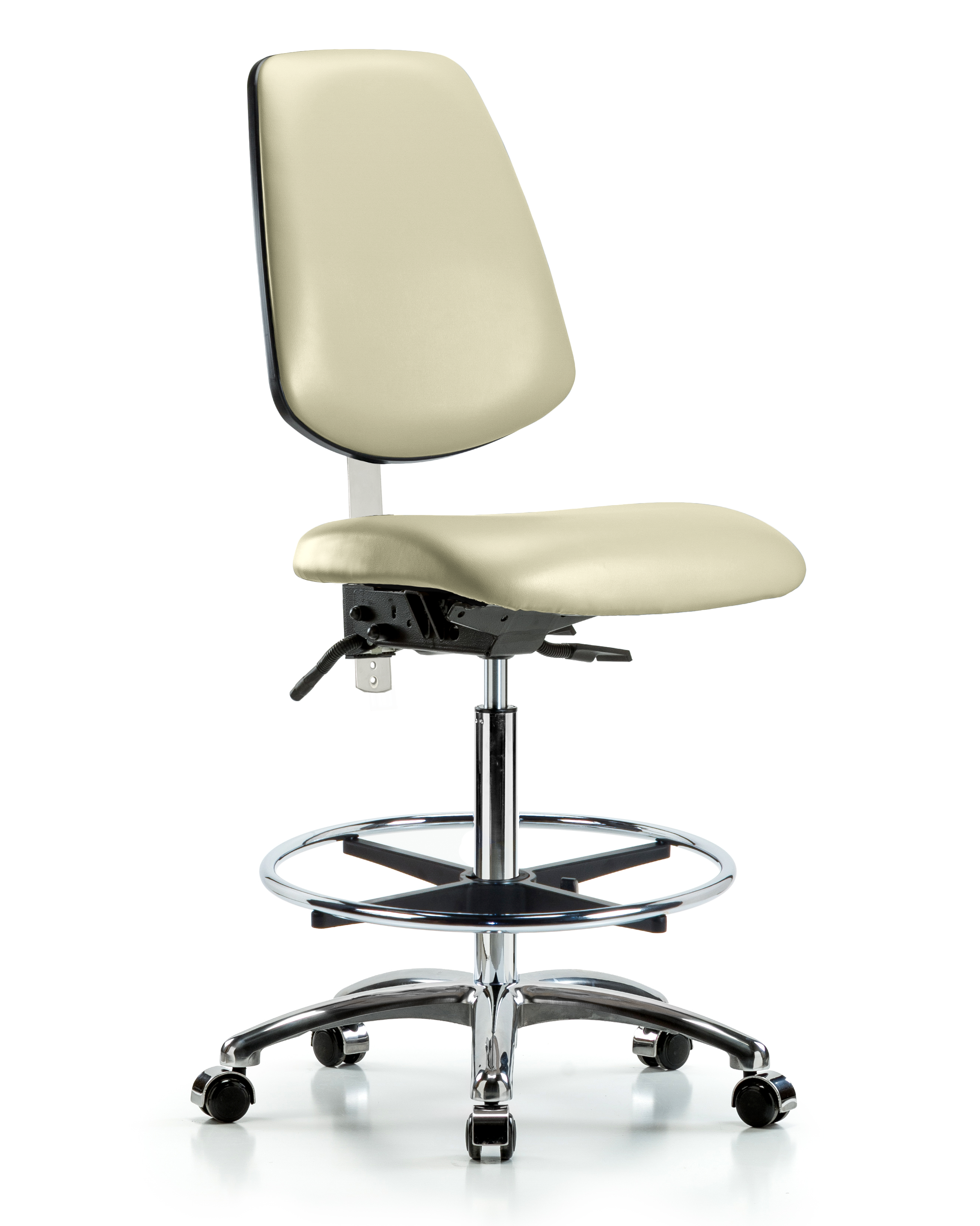 Class 100 Vinyl Clean Room Chair - Medium Bench Height with Medium Back, Chrome Foot Ring, & Casters in Adobe White Trailblazer Vinyl