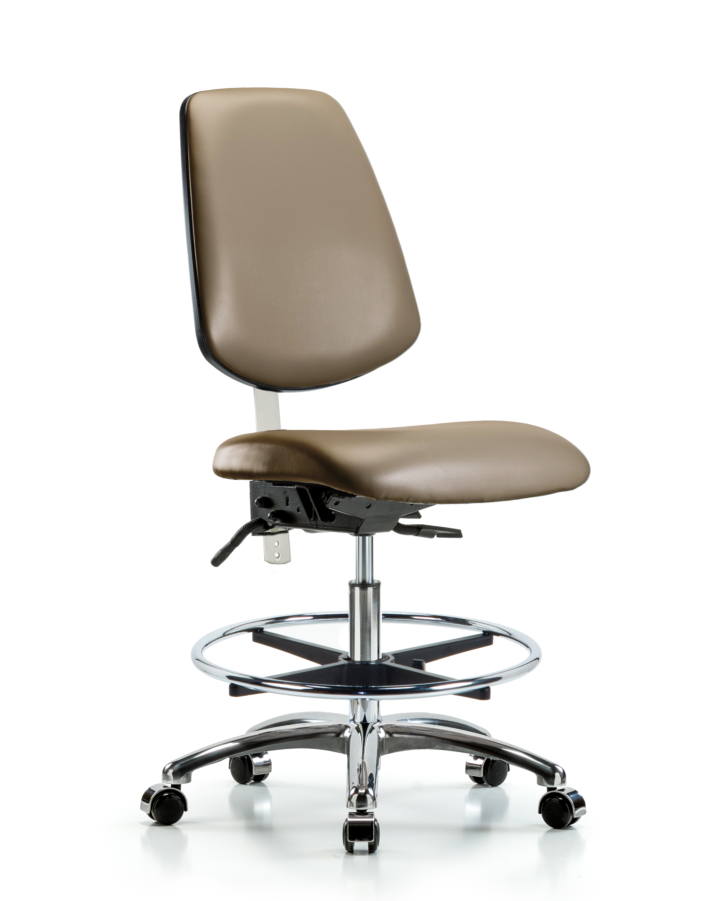 Class 100 Vinyl Clean Room Chair - Medium Bench Height with Medium Back, Chrome Foot Ring, & Casters in Marine Blue Supernova Vinyl