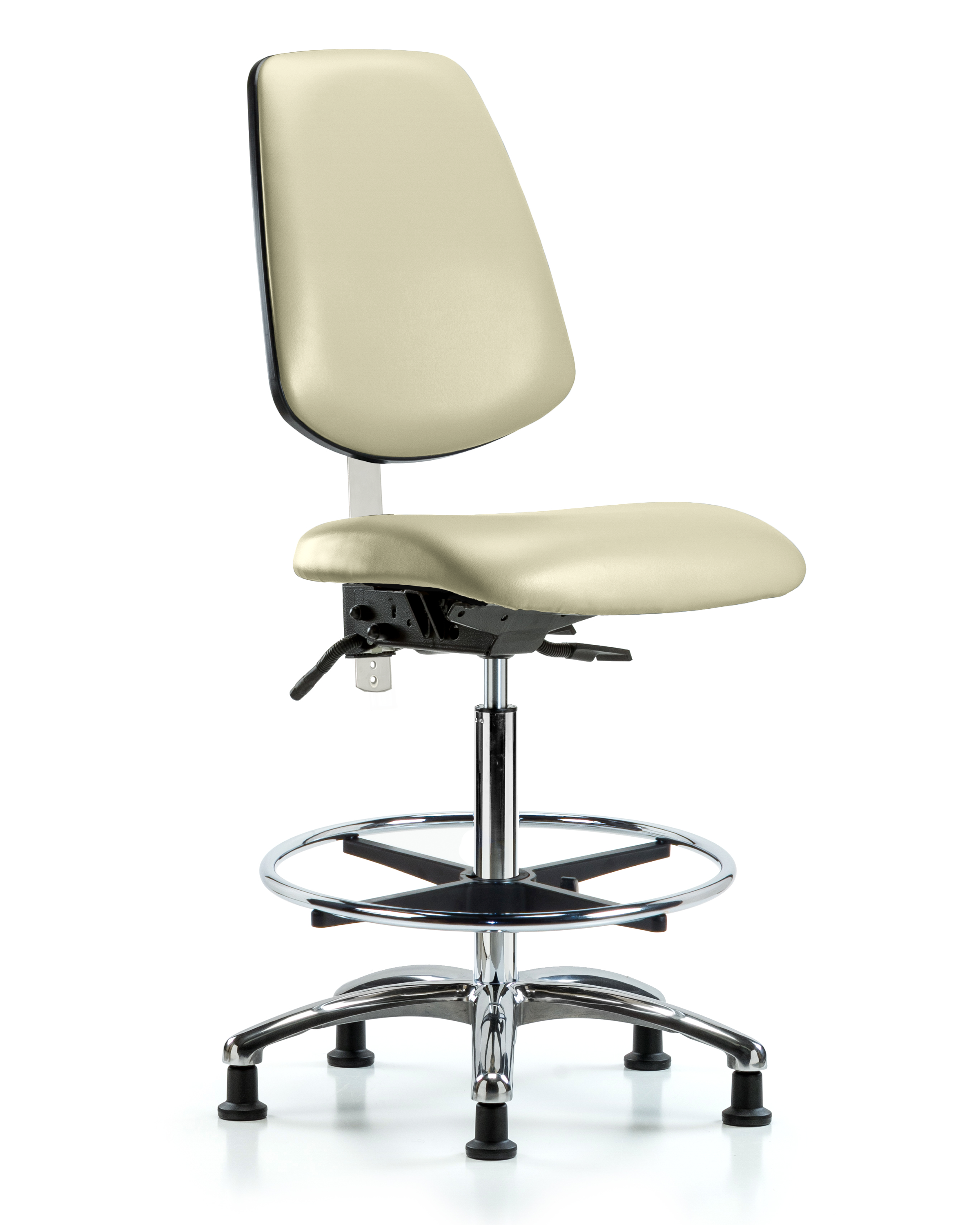 Class 100 Vinyl Clean Room Chair - Medium Bench Height with Medium Back, Chrome Foot Ring, & Stationary Glides in Adobe White Trailblazer Vinyl