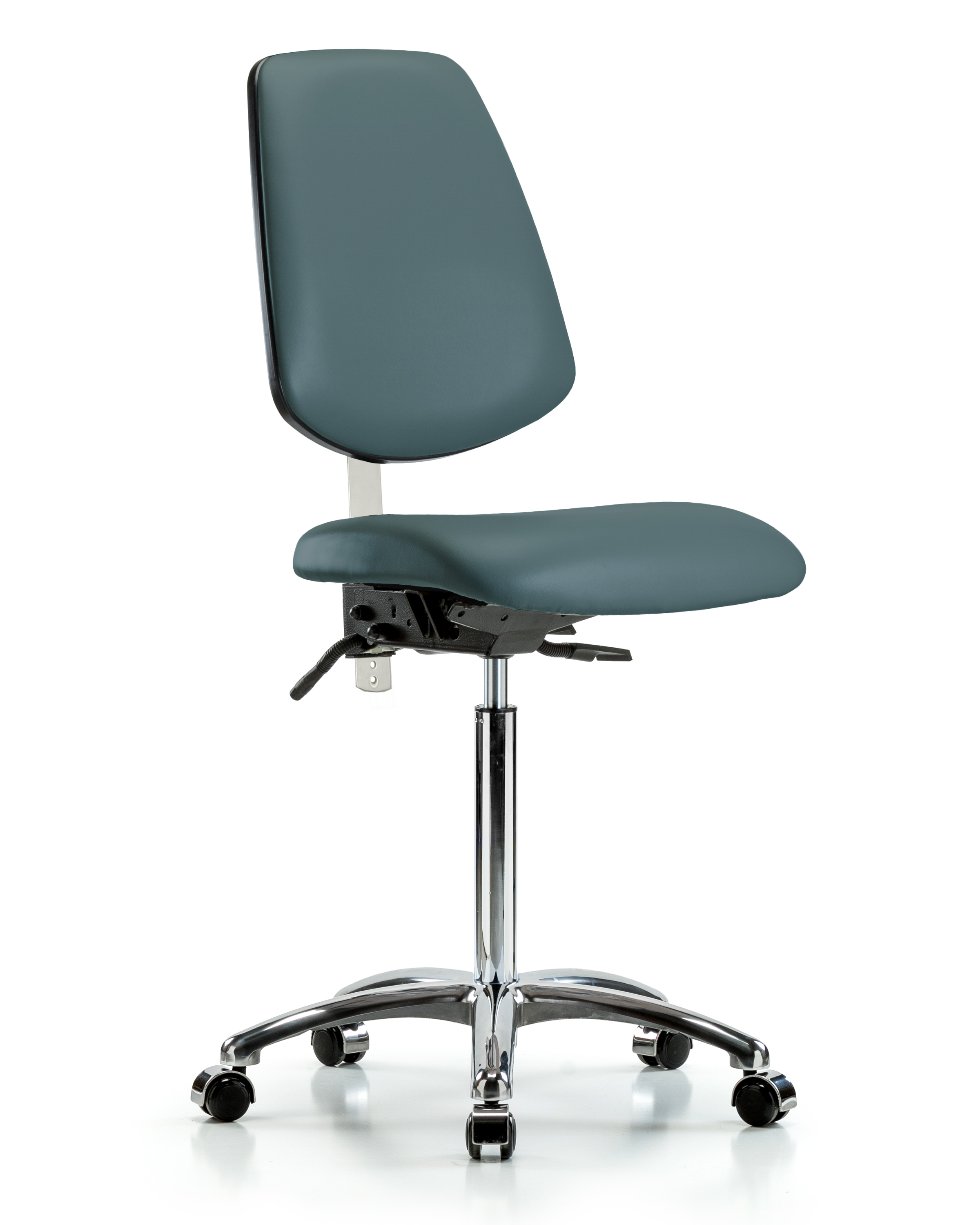 Class 100 Vinyl Clean Room Chair - Medium Bench Height with Medium Back & Casters in Black Trailblazer Vinyl