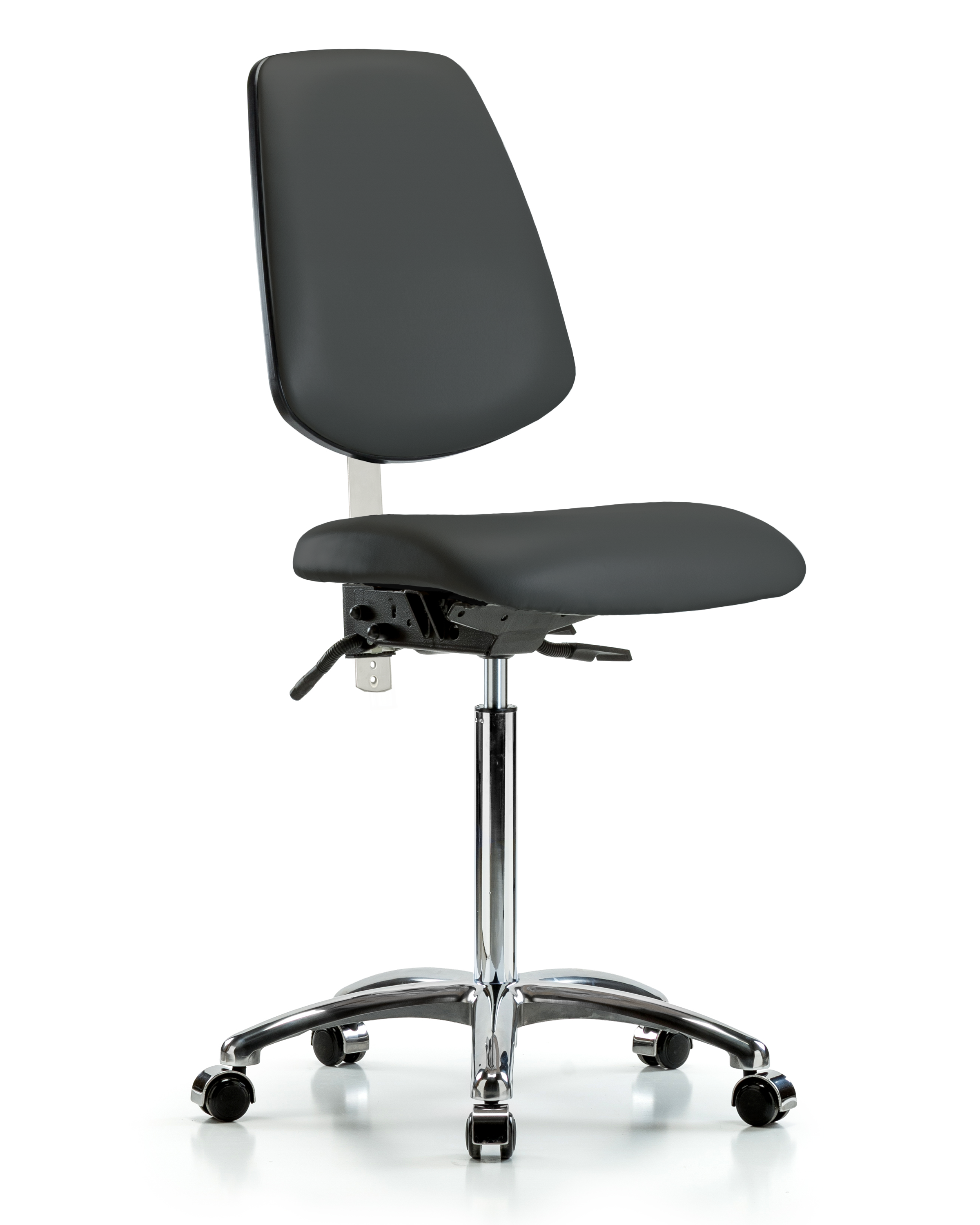 Class 100 Vinyl Clean Room Chair - Medium Bench Height with Medium Back & Casters in Charcoal Trailblazer Vinyl
