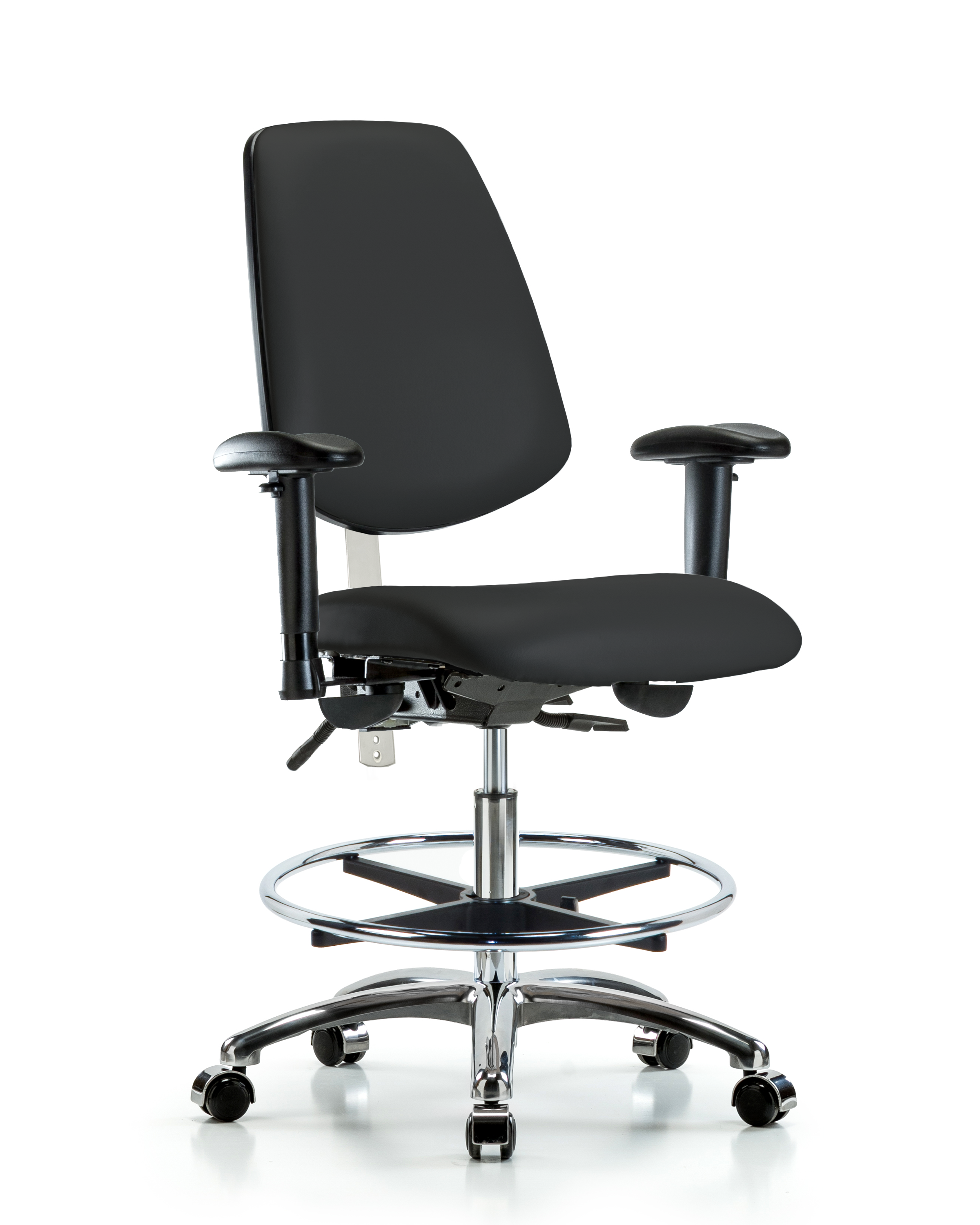 Class 100 Vinyl Clean Room Chair - Medium Bench Height with Medium Back, Adjustable Arms, Chrome Foot Ring, & Casters in Black Trailblazer Vinyl