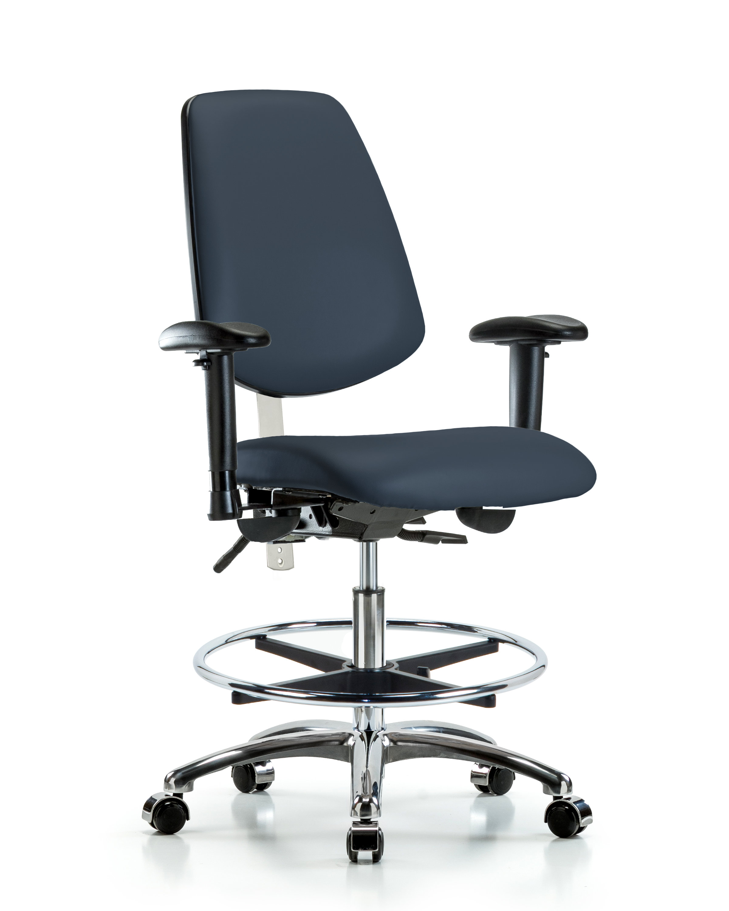 Class 100 Vinyl Clean Room Chair - Medium Bench Height with Medium Back, Adjustable Arms, Chrome Foot Ring, & Casters in Imperial Blue Trailblazer Vinyl