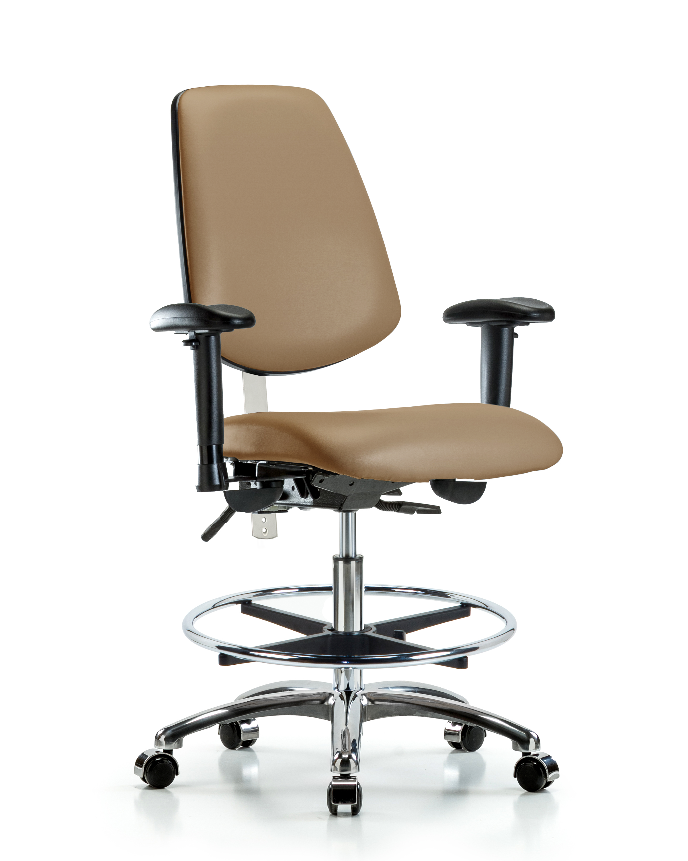 Class 100 Vinyl Clean Room Chair - Medium Bench Height with Medium Back, Adjustable Arms, Chrome Foot Ring, & Casters in Imperial Blue Trailblazer Vinyl