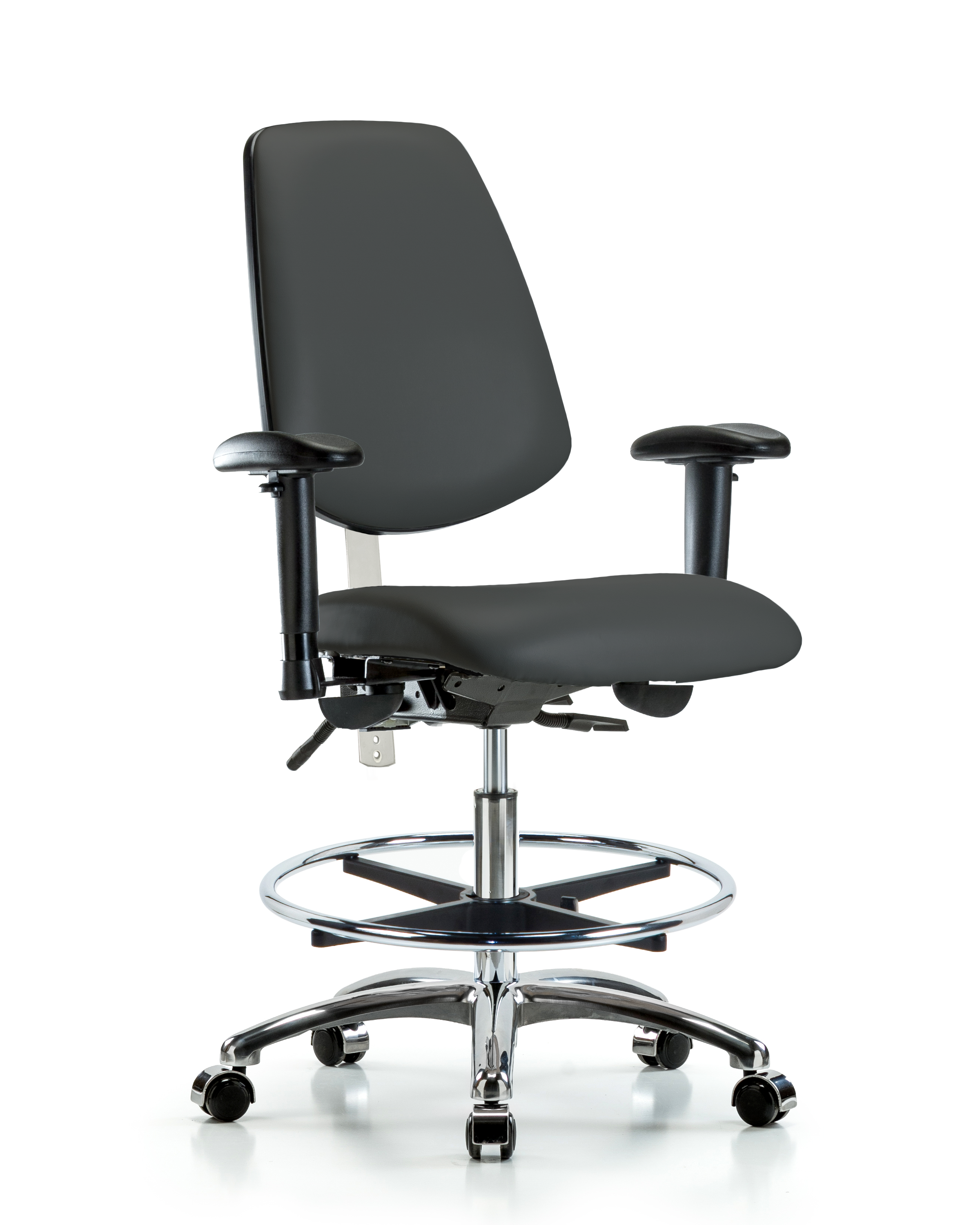 Class 100 Vinyl Clean Room Chair - Medium Bench Height with Medium Back, Adjustable Arms, Chrome Foot Ring, & Casters in Charcoal Trailblazer Vinyl