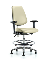 Class 100 Vinyl Clean Room Chair - Medium Bench Height with Medium Back, Adjustable Arms, Chrome Foot Ring, & Stationary Glides in Adobe White Trailblazer Vinyl