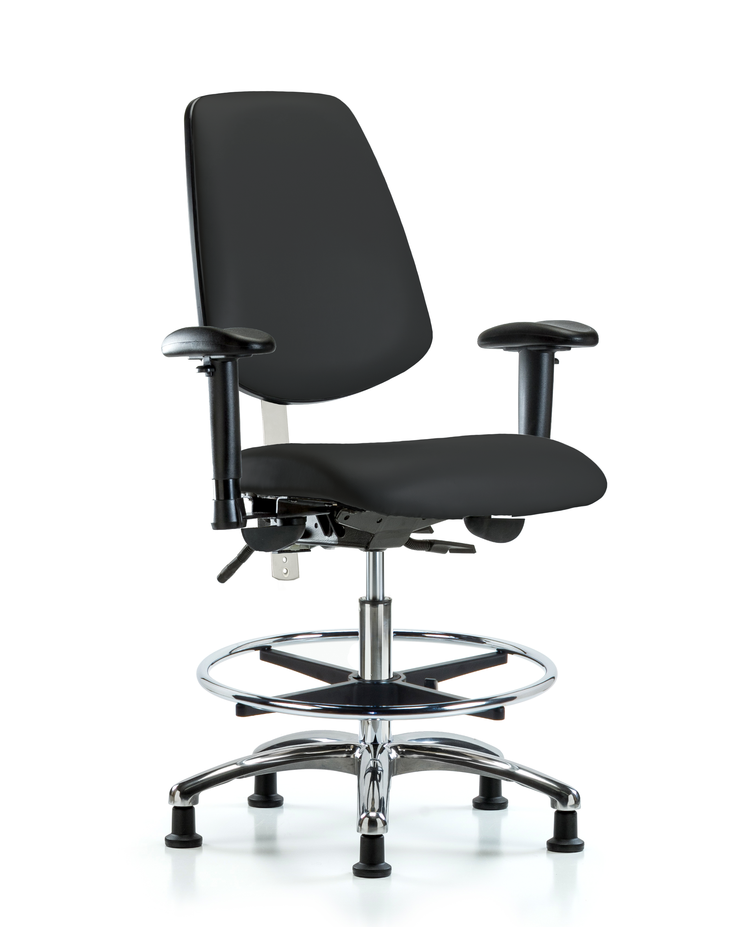 Class 100 Vinyl Clean Room Chair - Medium Bench Height with Medium Back, Adjustable Arms, Chrome Foot Ring, & Stationary Glides in Black Trailblazer Vinyl