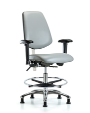 Class 100 Vinyl Clean Room Chair - Medium Bench Height with Medium Back, Adjustable Arms, Chrome Foot Ring, & Stationary Glides in Dove Trailblazer Vinyl