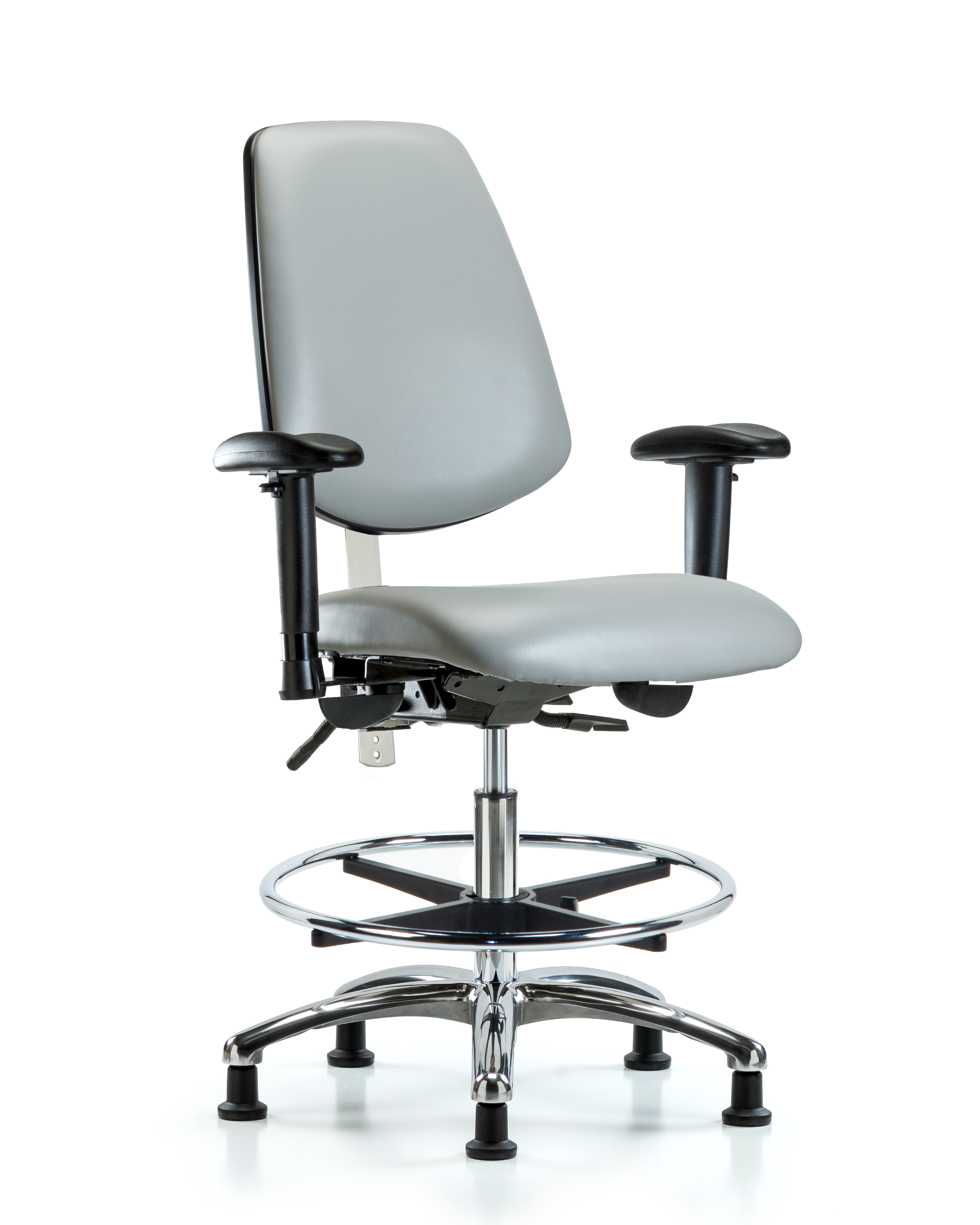 Class 100 Vinyl Clean Room Chair - Medium Bench Height with Medium Back, Adjustable Arms, Chrome Foot Ring, & Stationary Glides in Dove Trailblazer Vinyl