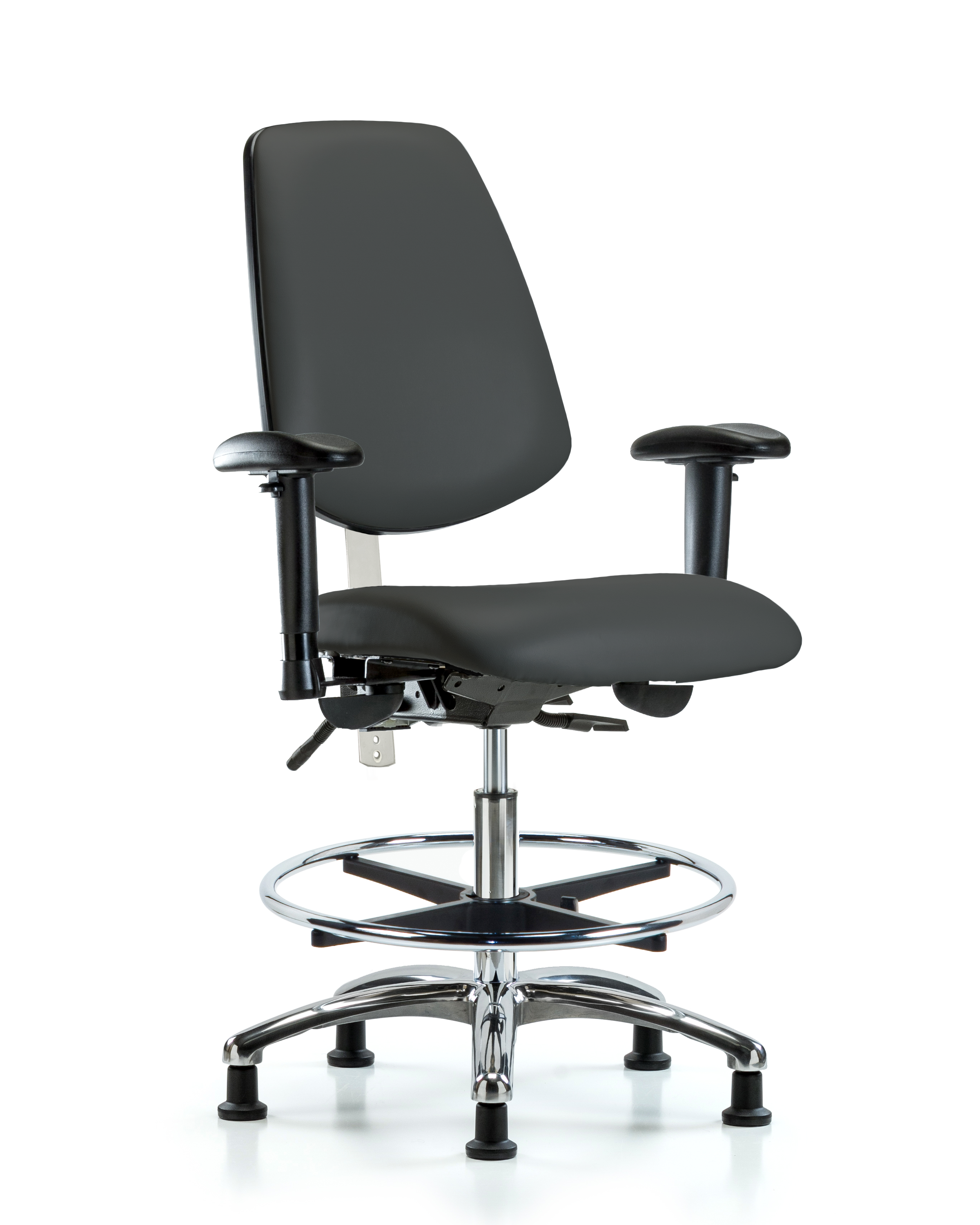 Class 100 Vinyl Clean Room Chair - Medium Bench Height with Medium Back, Adjustable Arms, Chrome Foot Ring, & Stationary Glides in Charcoal Trailblazer Vinyl