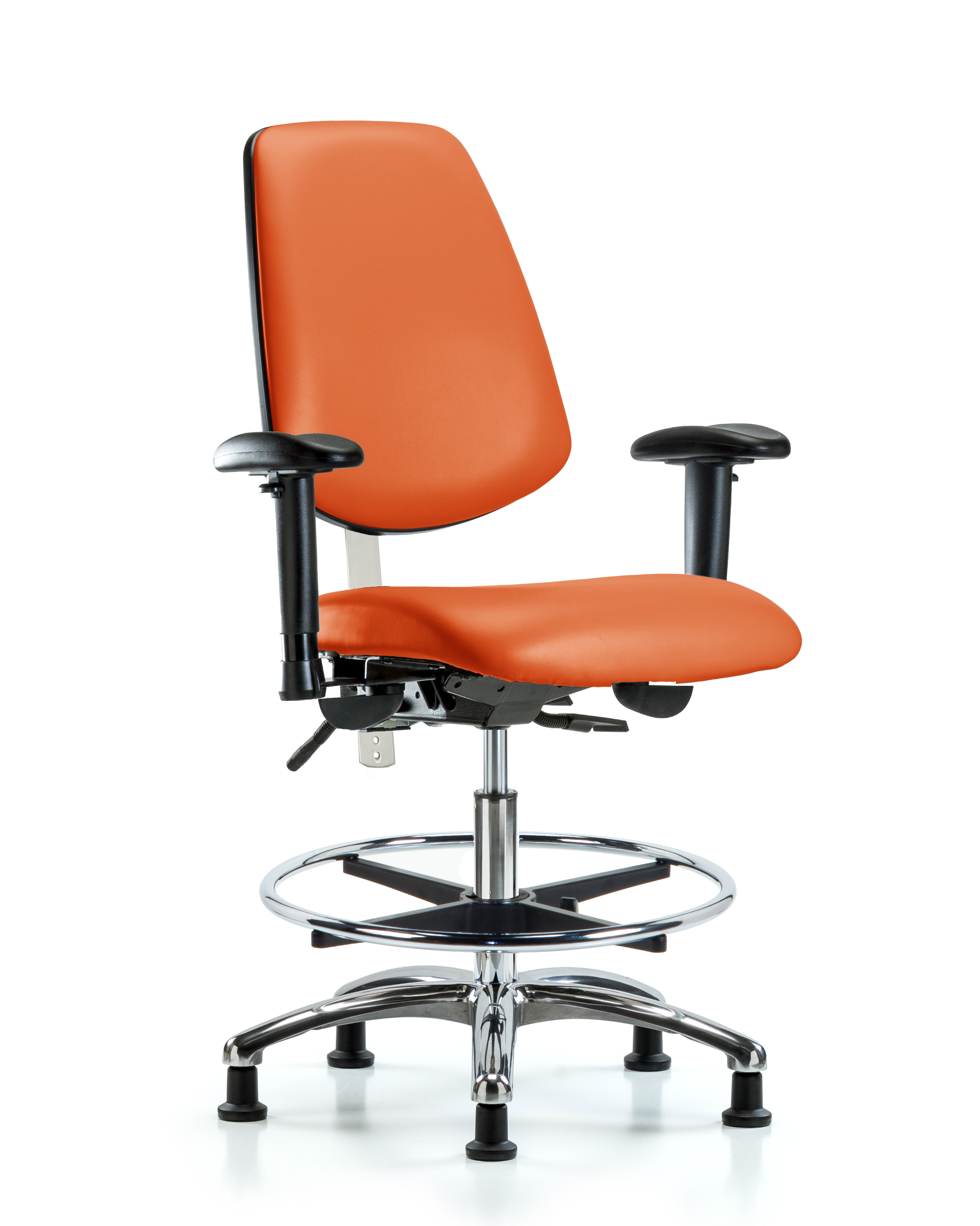 Class 100 Vinyl Clean Room Chair - Medium Bench Height with Medium Back, Adjustable Arms, Chrome Foot Ring, & Stationary Glides in Orange Kist Trailblazer Vinyl