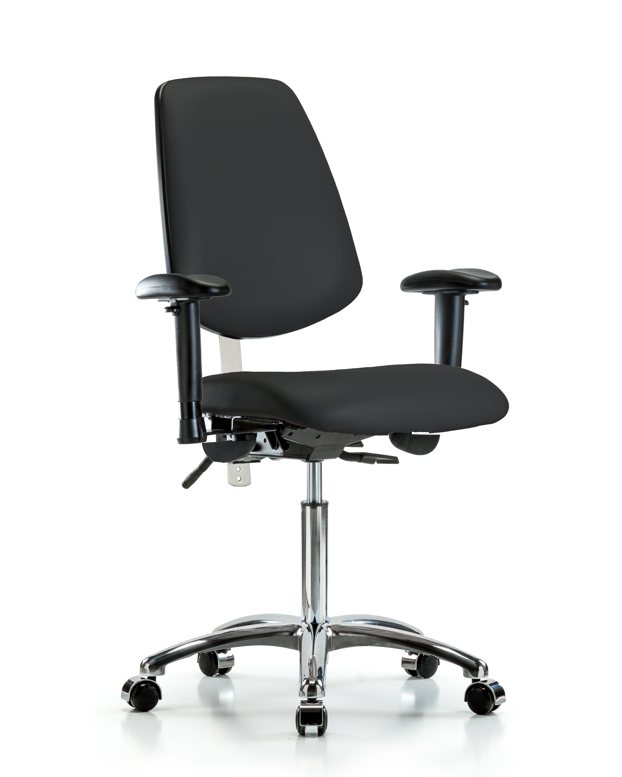 Class 100 Vinyl Clean Room Chair - Medium Bench Height with Medium Back, Adjustable Arms, & Casters in Black Trailblazer Vinyl