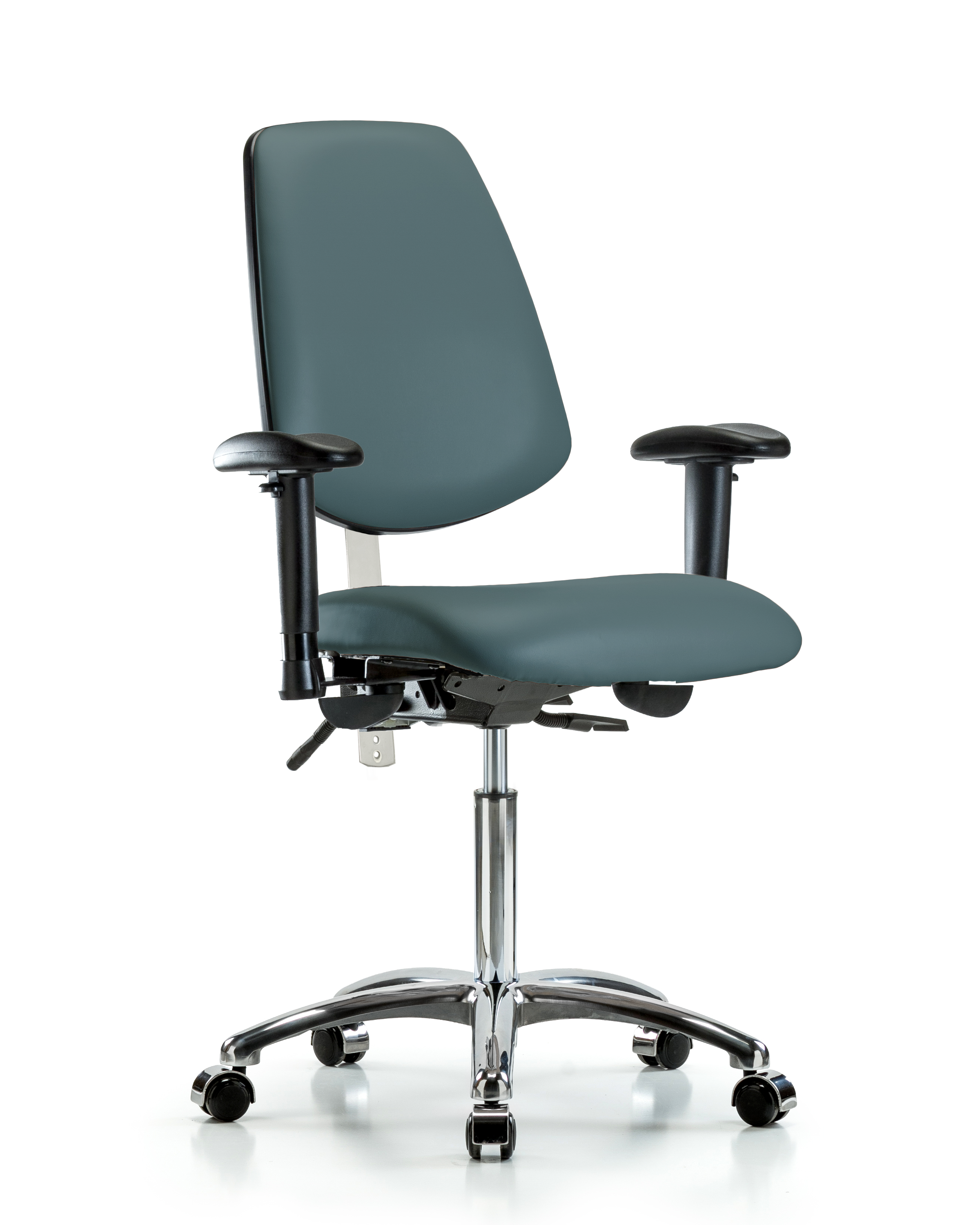 Class 100 Vinyl Clean Room Chair - Medium Bench Height with Medium Back, Adjustable Arms, & Casters in Black Trailblazer Vinyl