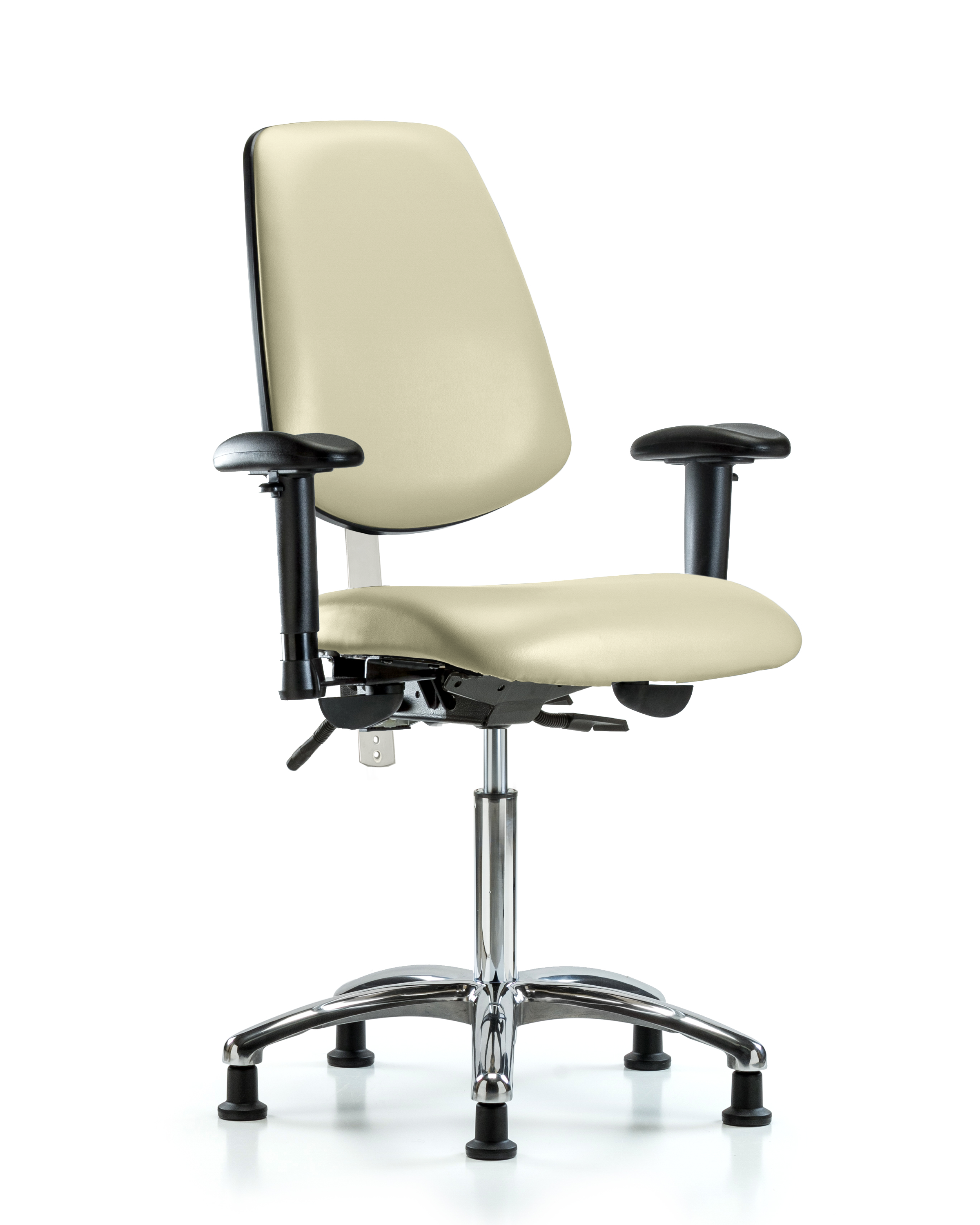 Class 100 Vinyl Clean Room Chair - Medium Bench Height with Medium Back, Adjustable Arms, & Stationary Glides in Adobe White Trailblazer Vinyl