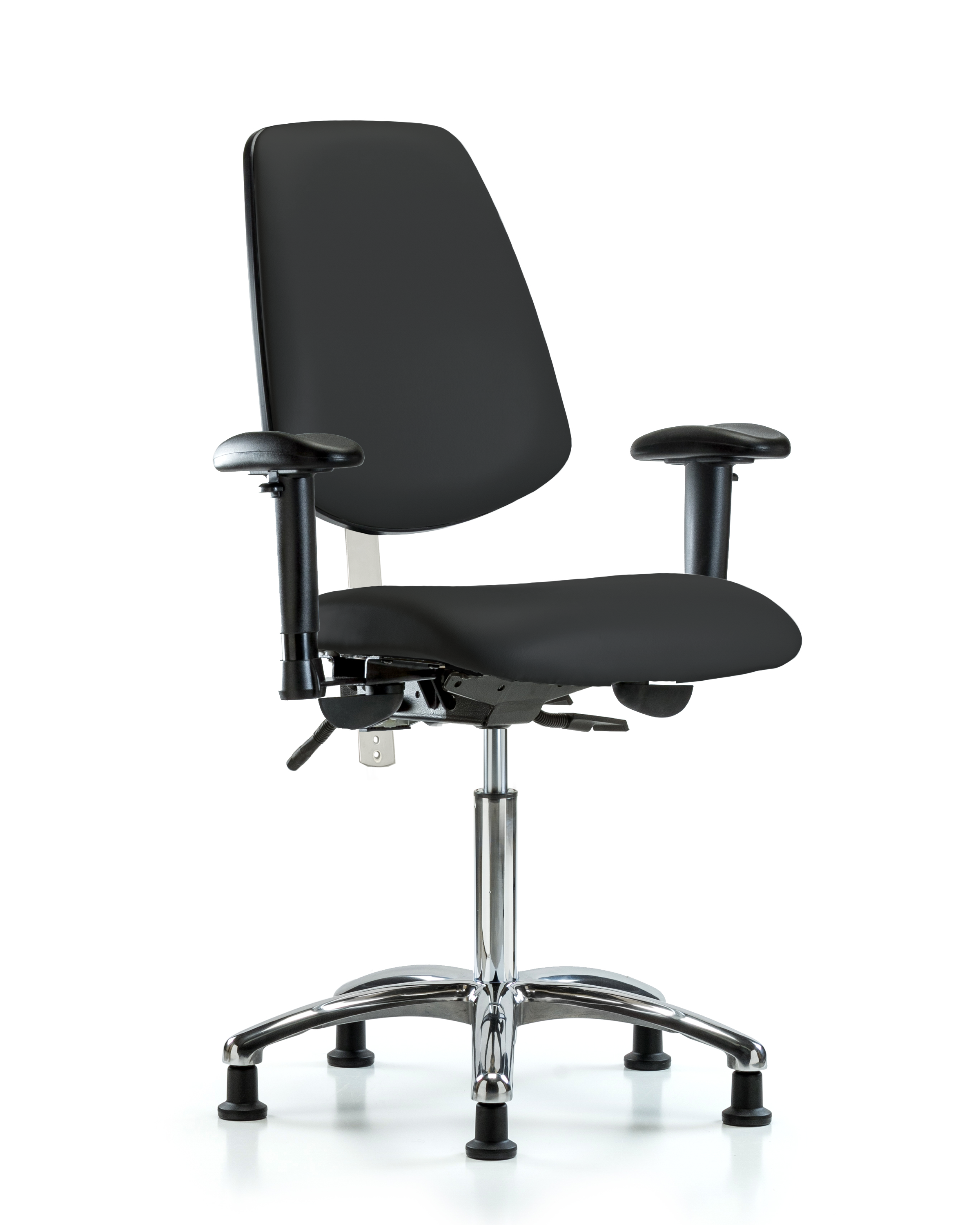 Class 100 Vinyl Clean Room Chair - Medium Bench Height with Medium Back, Adjustable Arms, & Stationary Glides in Black Trailblazer Vinyl