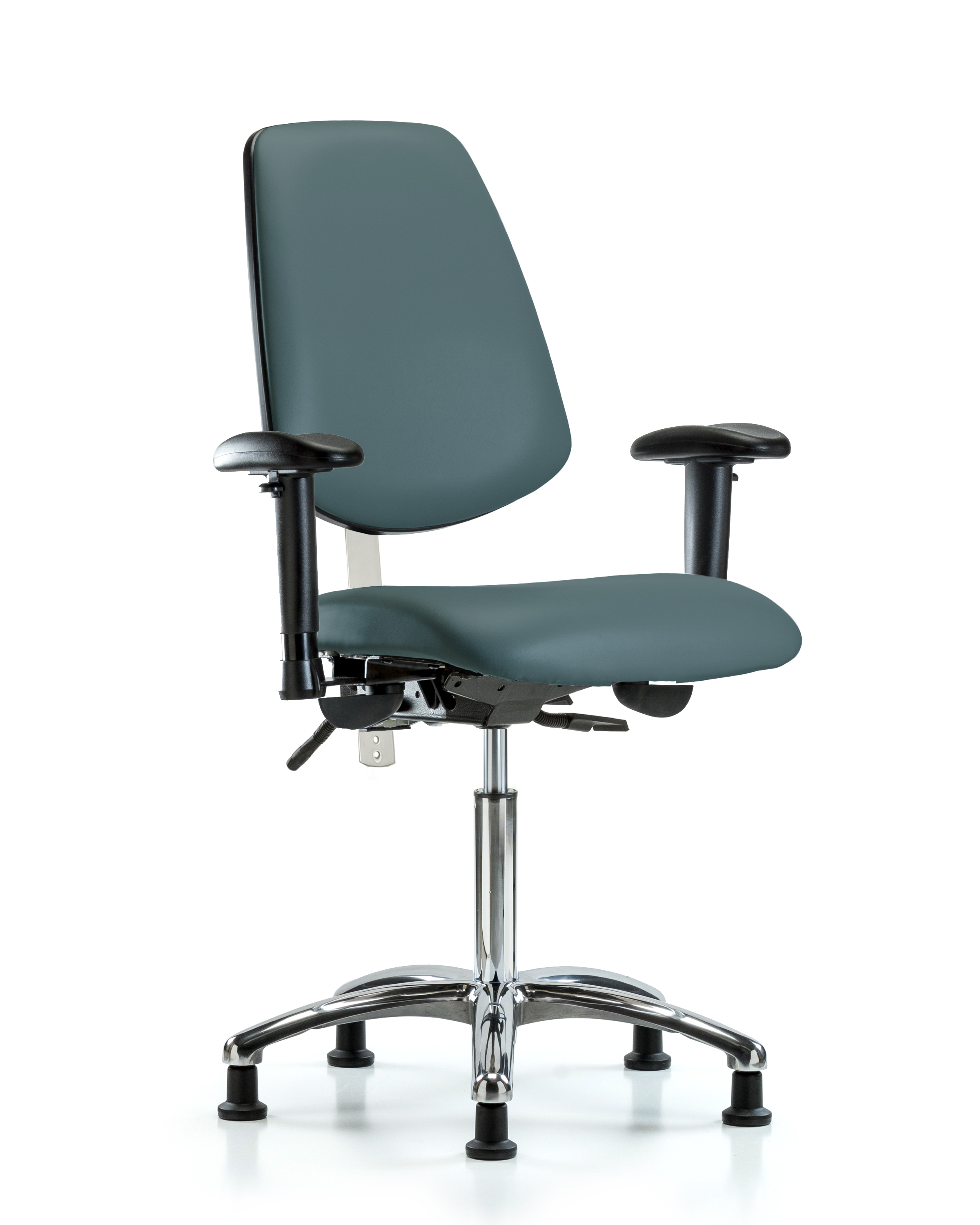 Class 100 Vinyl Clean Room Chair - Medium Bench Height with Medium Back, Adjustable Arms, & Stationary Glides in Black Trailblazer Vinyl