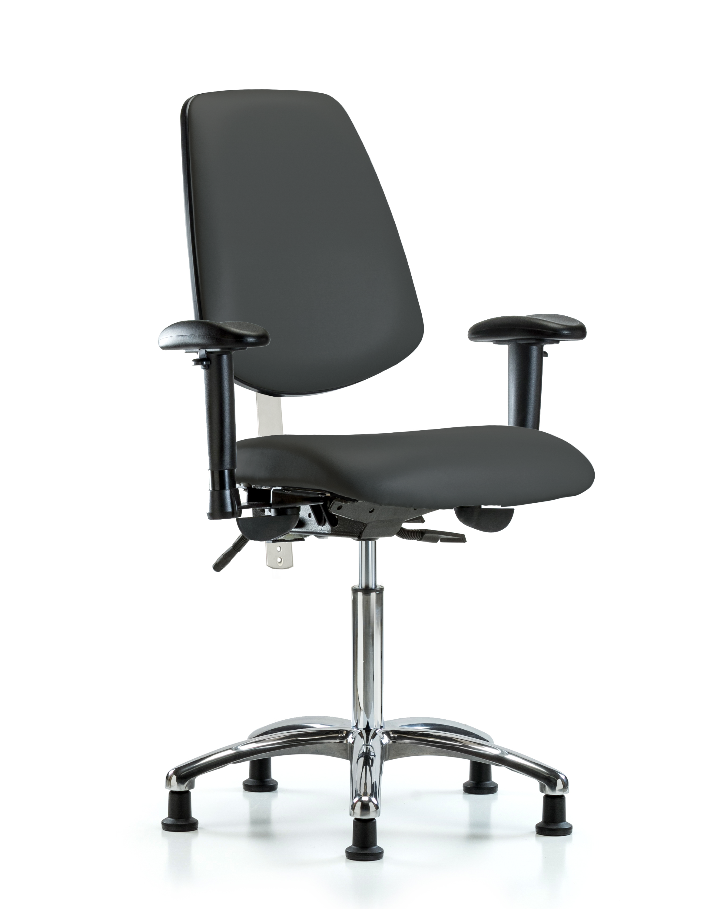 Class 100 Vinyl Clean Room Chair - Medium Bench Height with Medium Back, Adjustable Arms, & Stationary Glides in Charcoal Trailblazer Vinyl