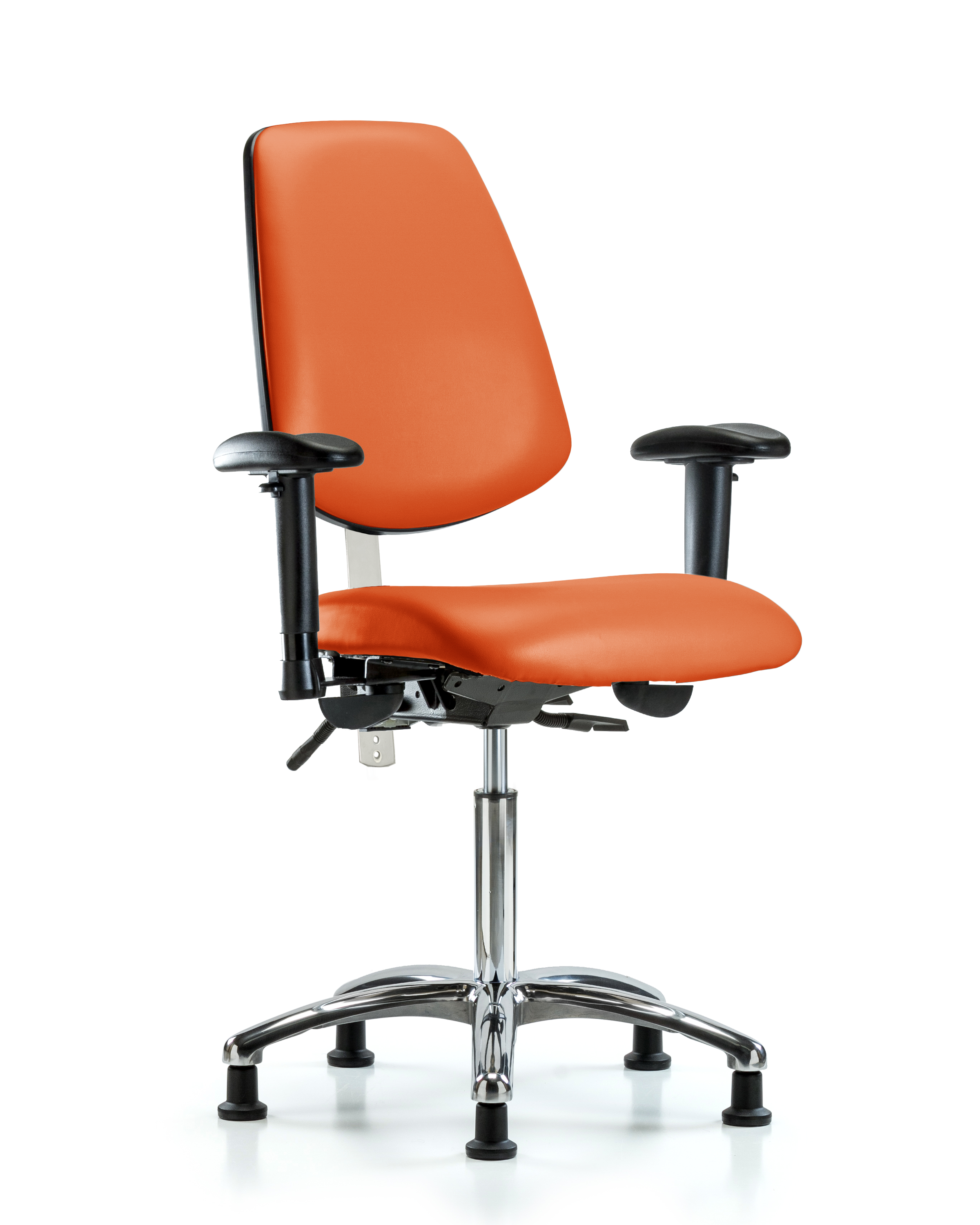 Class 100 Vinyl Clean Room Chair - Medium Bench Height with Medium Back, Adjustable Arms, & Stationary Glides in Orange Kist Trailblazer Vinyl