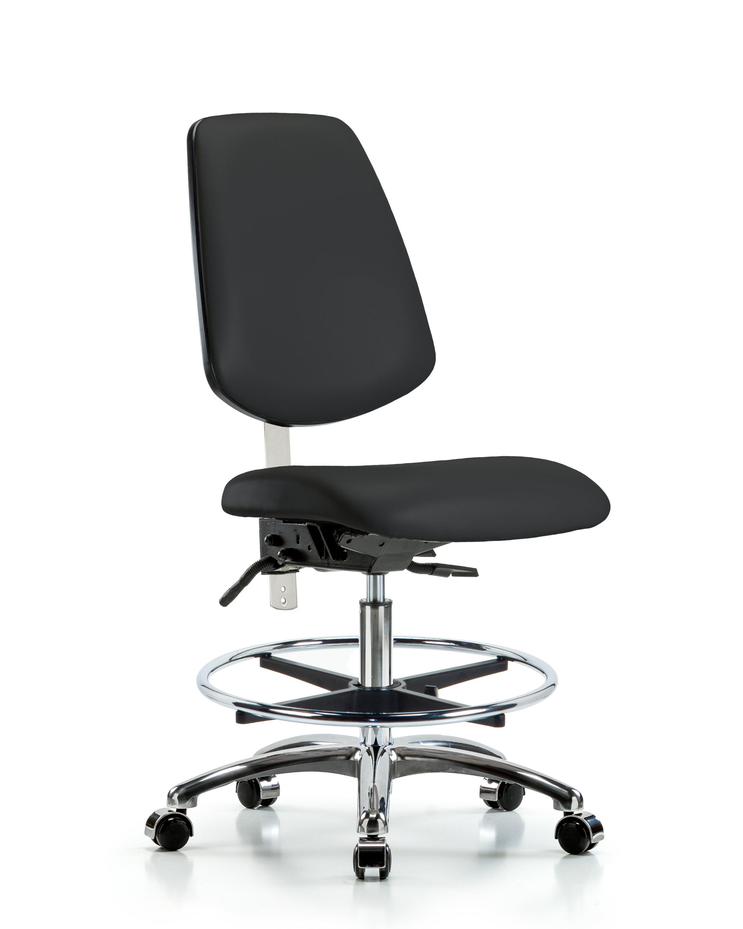 Class 100 Vinyl Clean Room Chair - Medium Bench Height with Medium Back, Seat Tilt, Chrome Foot Ring, & Casters in Black Trailblazer Vinyl