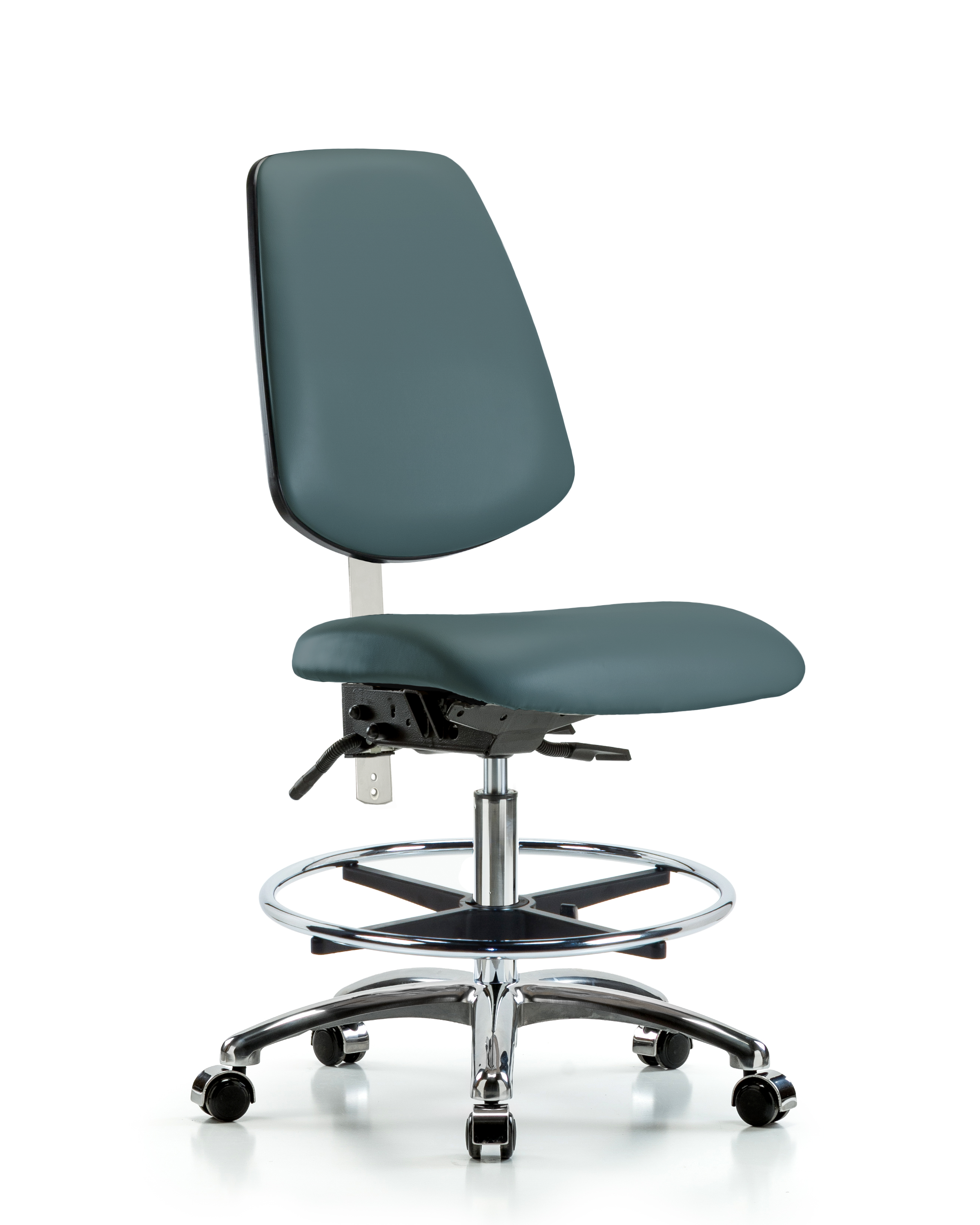Class 100 Vinyl Clean Room Chair - Medium Bench Height with Medium Back, Seat Tilt, Chrome Foot Ring, & Casters in Black Trailblazer Vinyl
