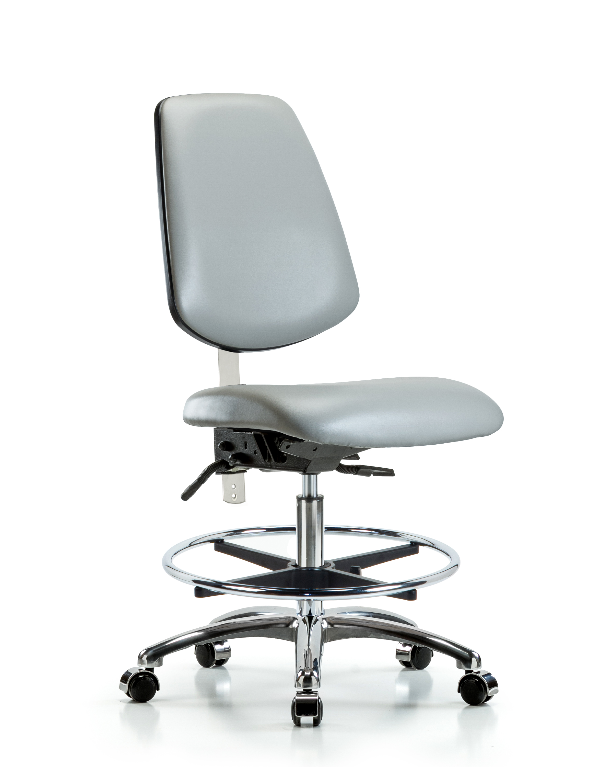 Class 100 Vinyl Clean Room Chair - Medium Bench Height with Medium Back, Seat Tilt, Chrome Foot Ring, & Casters in Dove Trailblazer Vinyl