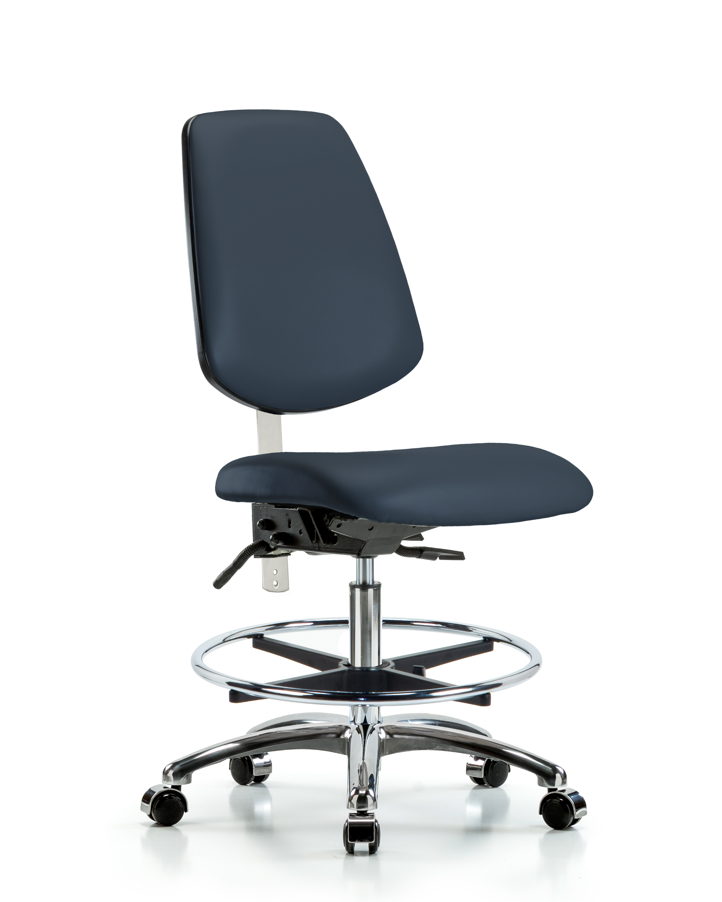 Class 100 Vinyl Clean Room Chair - Medium Bench Height with Medium Back, Seat Tilt, Chrome Foot Ring, & Casters in Imperial Blue Trailblazer Vinyl