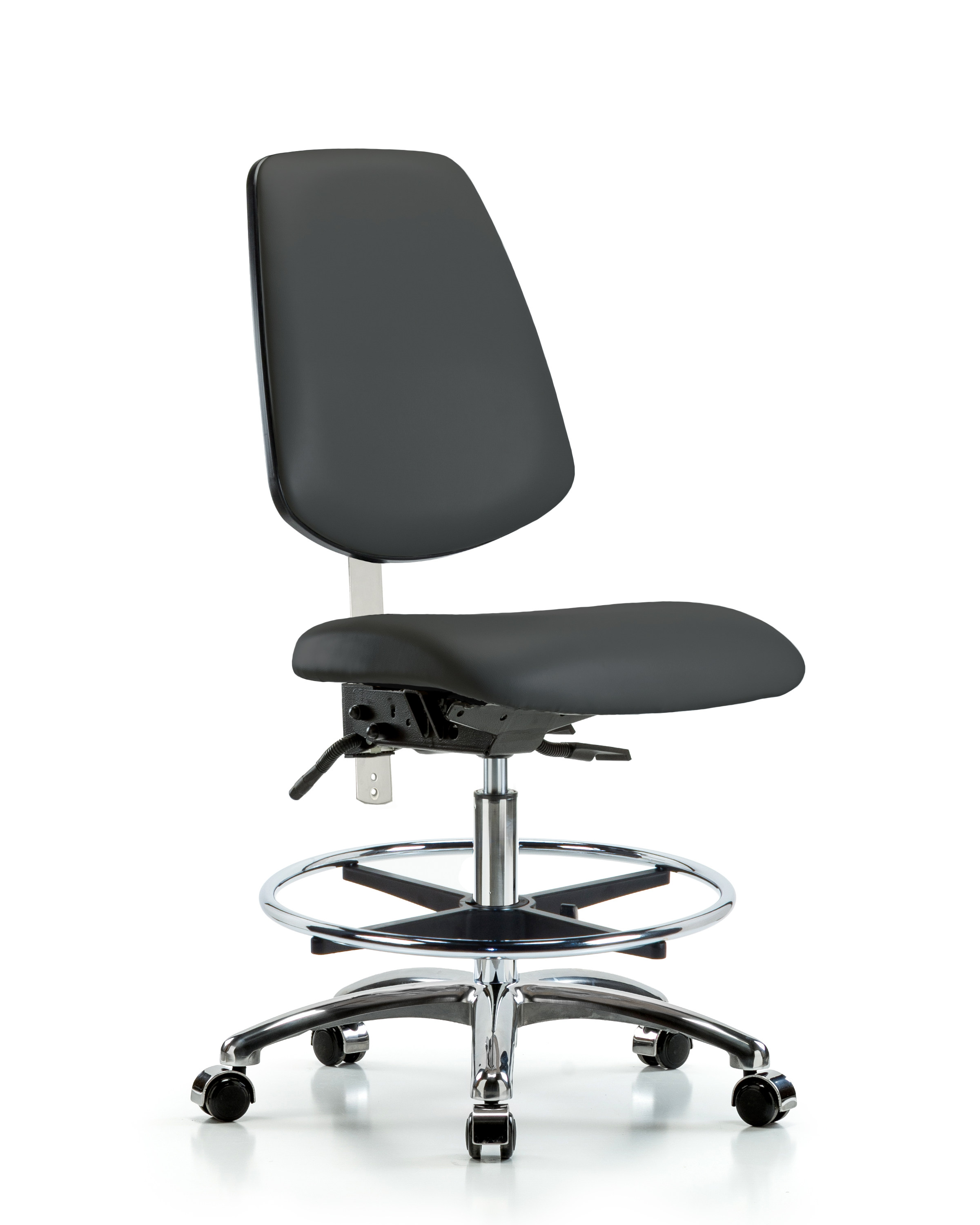 Class 100 Vinyl Clean Room Chair - Medium Bench Height with Medium Back, Seat Tilt, Chrome Foot Ring, & Casters in Charcoal Trailblazer Vinyl