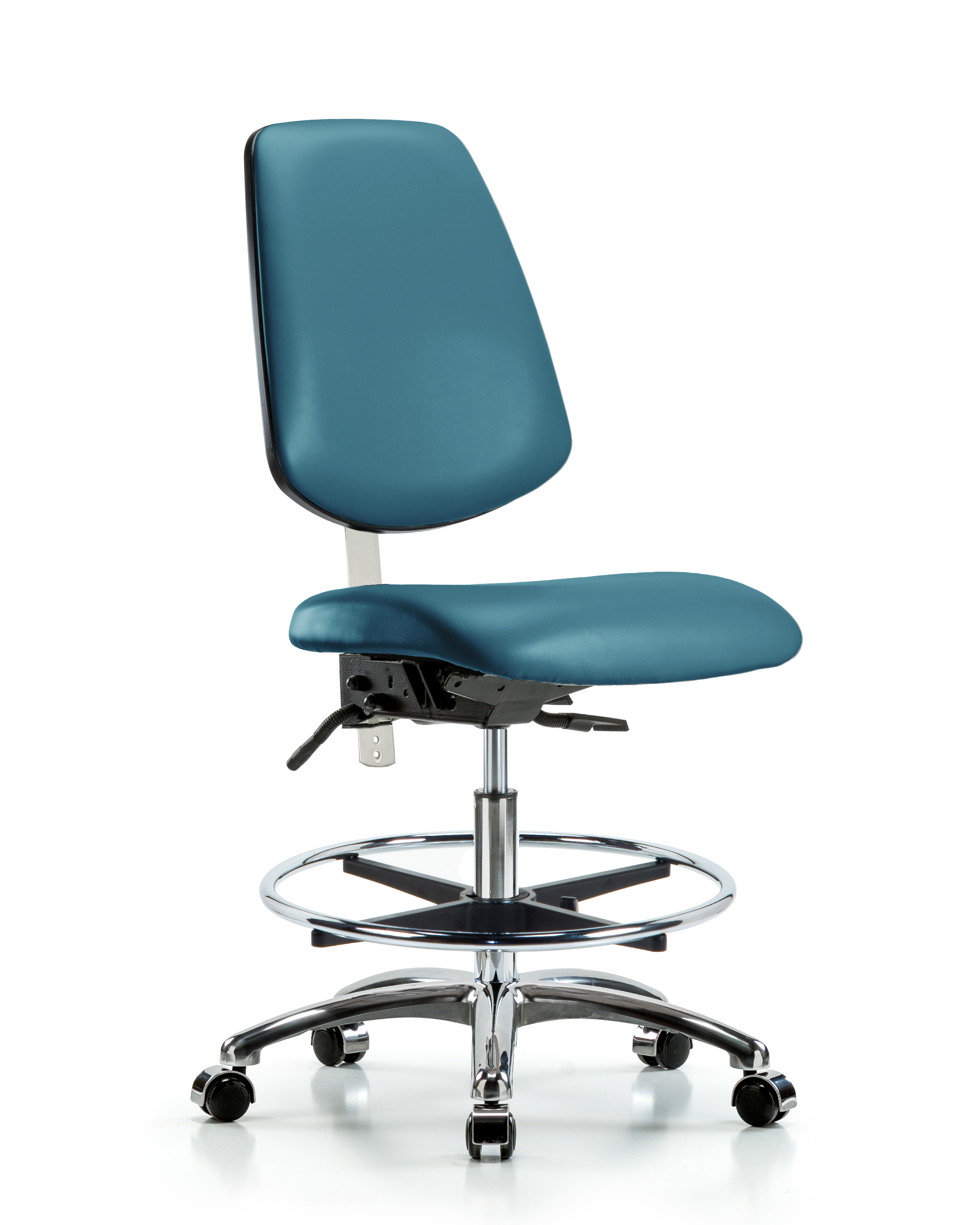 Class 100 Vinyl Clean Room Chair - Medium Bench Height with Medium Back, Seat Tilt, Chrome Foot Ring, & Casters in Marine Blue Supernova Vinyl