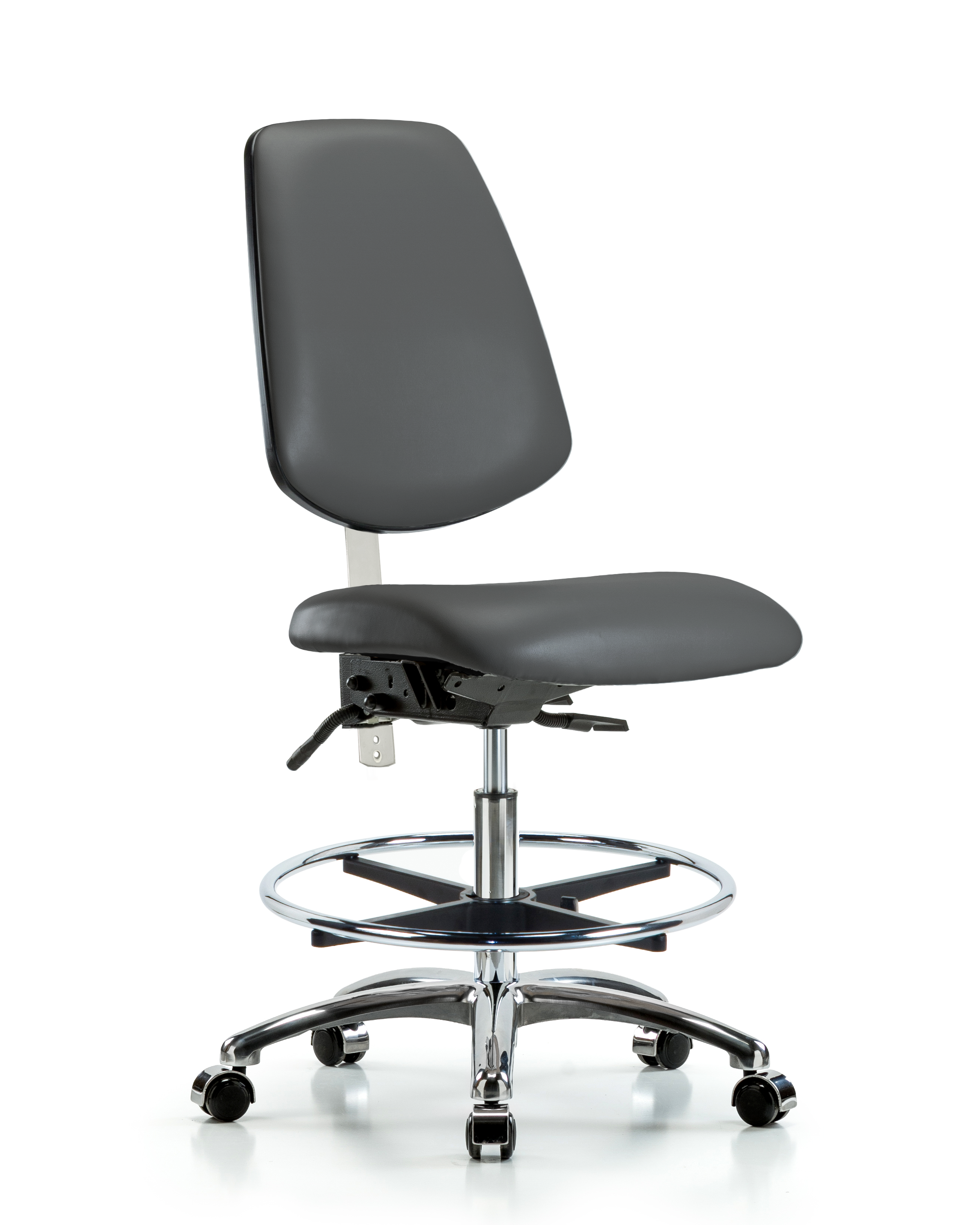 Class 100 Vinyl Clean Room Chair - Medium Bench Height with Medium Back, Seat Tilt, Chrome Foot Ring, & Casters in Storm Supernova Vinyl