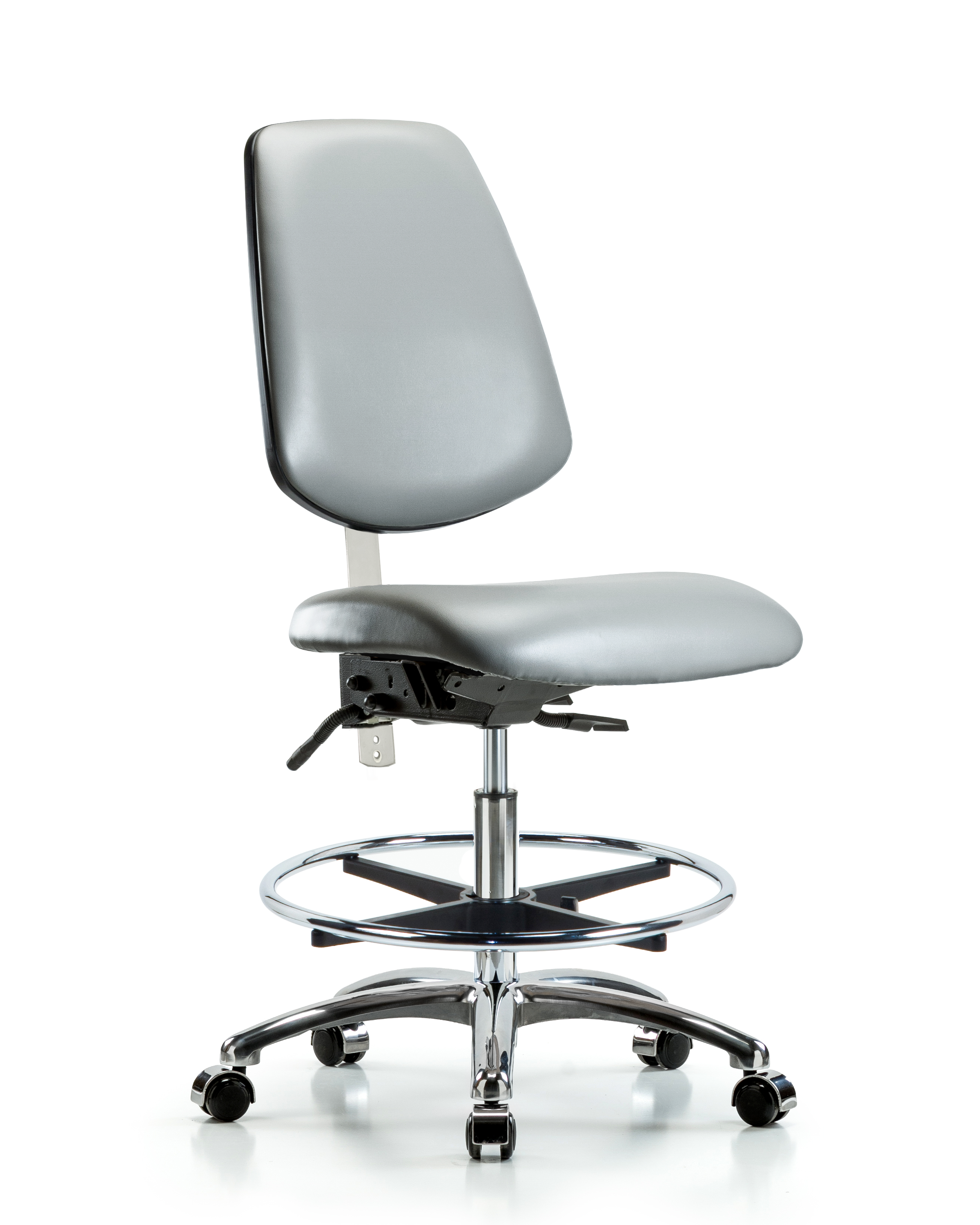 Class 100 Vinyl Clean Room Chair - Medium Bench Height with Medium Back, Seat Tilt, Chrome Foot Ring, & Casters in Sterling Supernova Vinyl