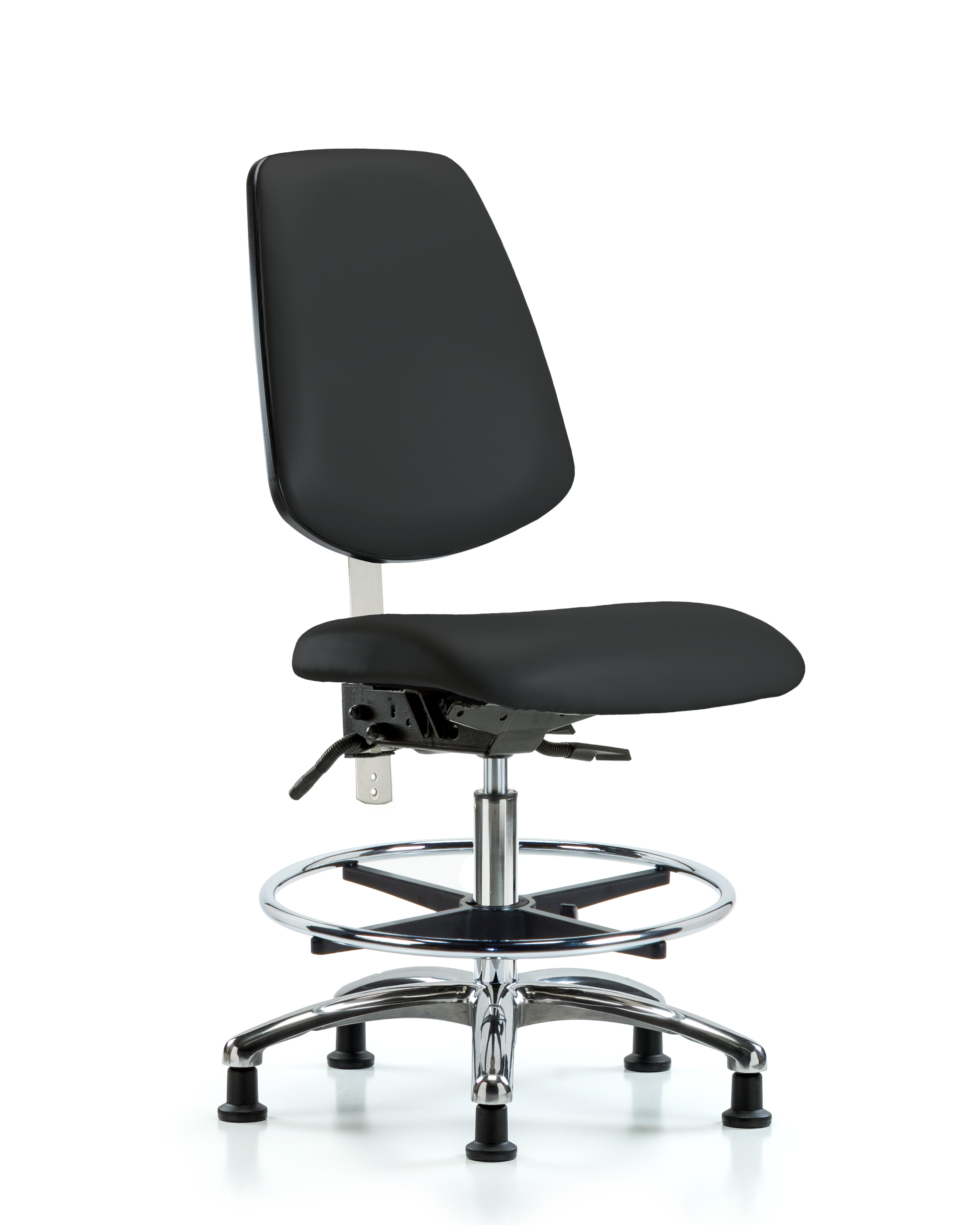 Class 100 Vinyl Clean Room Chair - Medium Bench Height with Medium Back, Seat Tilt, Chrome Foot Ring, & Stationary Glides in Black Trailblazer Vinyl